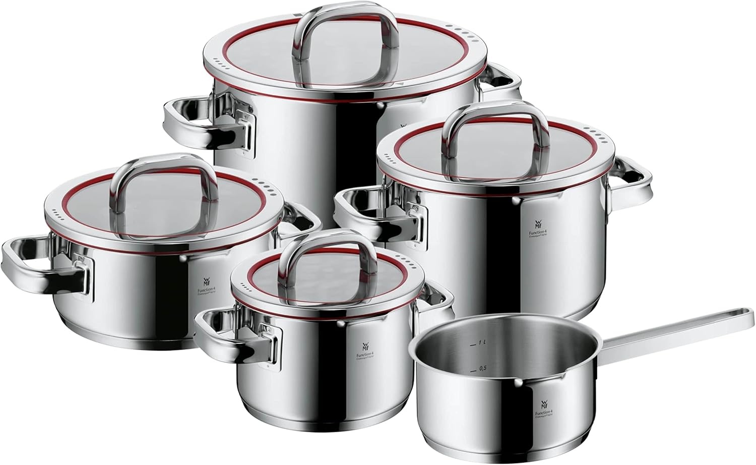 WMF Function 4 pannenset 5-delig rood. Innovatieve deksel met 4 afgietfuncties, Geschikt voor Inductie, Glazen deksel, Cromargan® 18/10 RVS, Vaatwasserbestendig, Handgrepen worden niet heet.