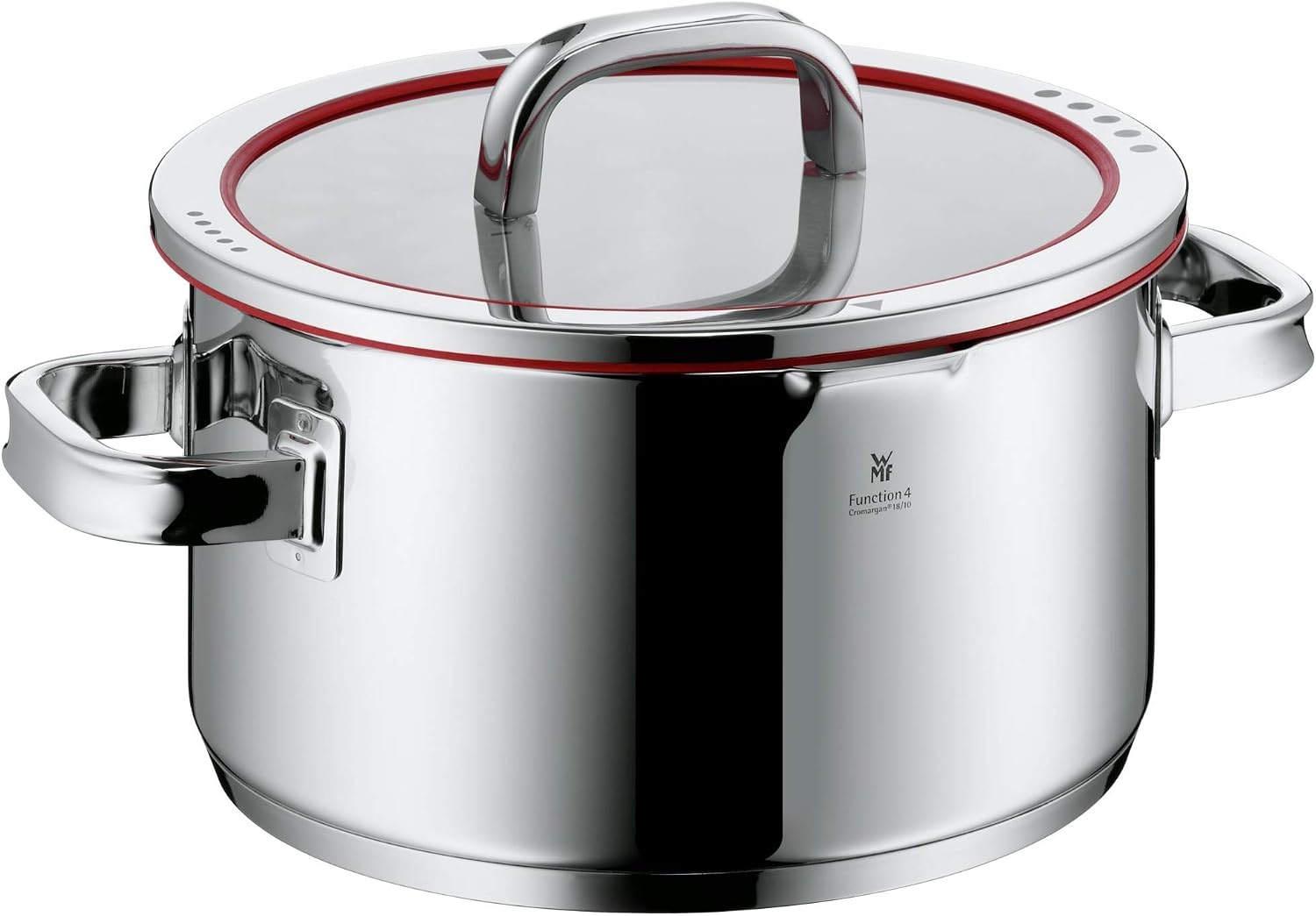WMF Function 4 pannenset 5-delig rood. Innovatieve deksel met 4 afgietfuncties, Geschikt voor Inductie, Glazen deksel, Cromargan® 18/10 RVS, Vaatwasserbestendig, Handgrepen worden niet heet.