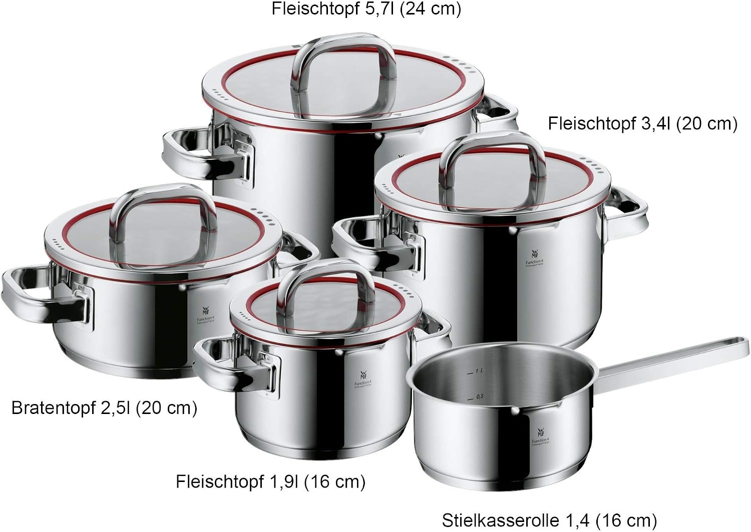 WMF Function 4 pannenset 5-delig rood. Innovatieve deksel met 4 afgietfuncties, Geschikt voor Inductie, Glazen deksel, Cromargan® 18/10 RVS, Vaatwasserbestendig, Handgrepen worden niet heet.