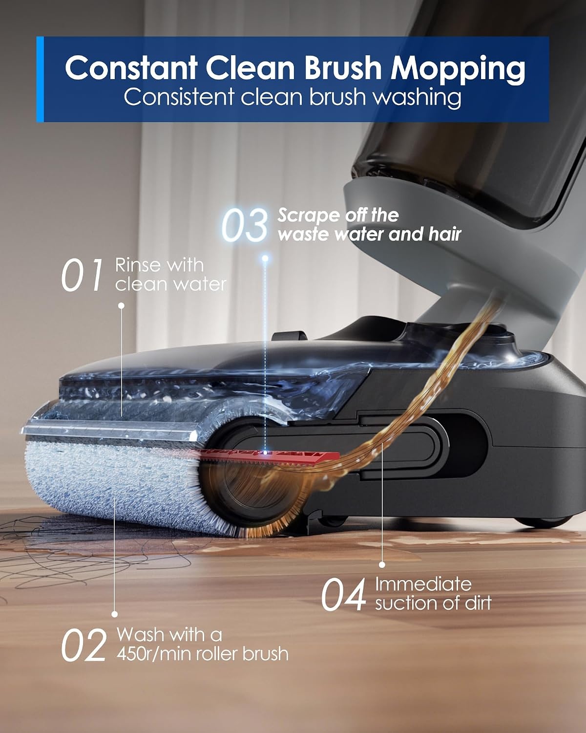 Tineco Floor One i5 Stretch stofzuiger, droge en natte stofzuiger, krachtige zuigkracht 20 kPa, plat bereik 180°, reiniging met twee randen, 30 minuten looptijd, watertanks met grote capaciteit