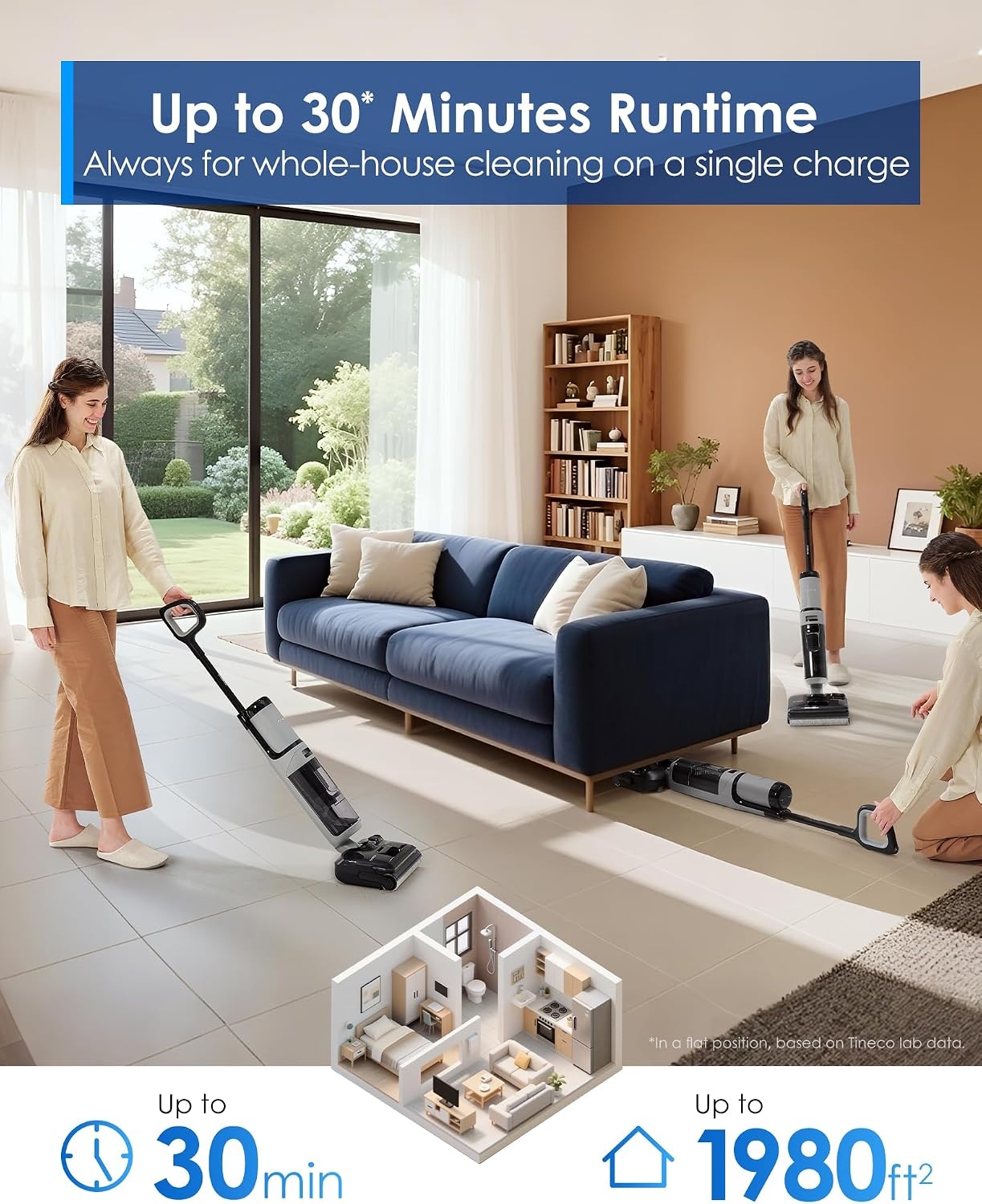 Tineco Floor One i5 Stretch stofzuiger, droge en natte stofzuiger, krachtige zuigkracht 20 kPa, plat bereik 180°, reiniging met twee randen, 30 minuten looptijd, watertanks met grote capaciteit