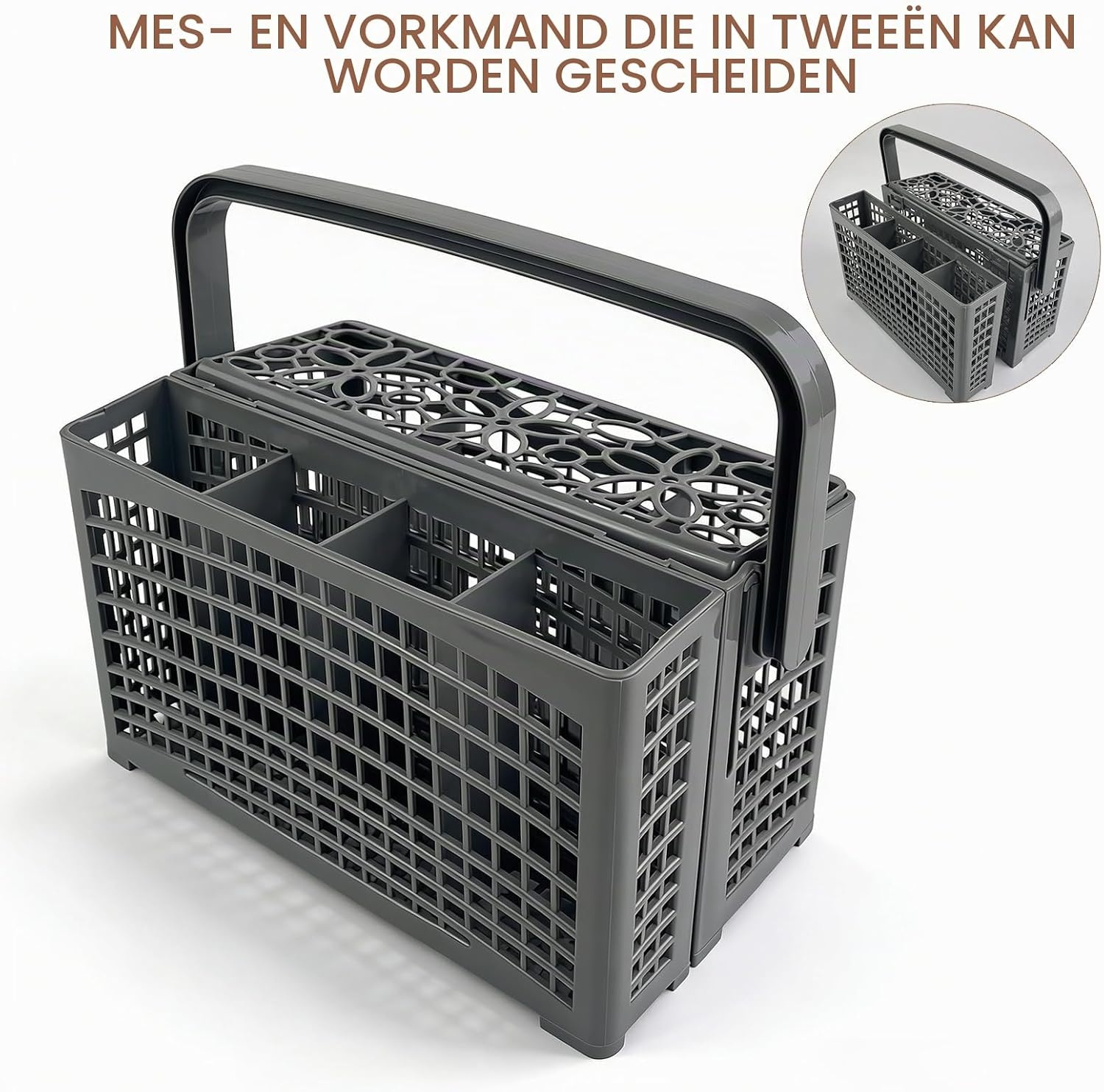 Universele Bestekmand Voor Vaatwasser, 2-in-1 Universele Bestekmand, 23,5 x (8,2 + 4) x 13 cm, Stabiele Steekverbinding, Deelbaar, Met Inklapbare Handgreep