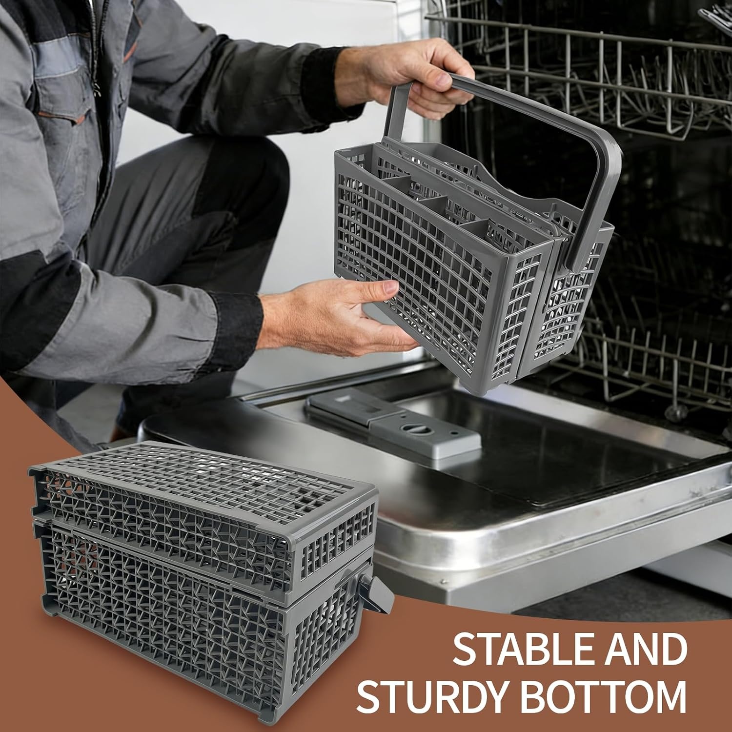 Universele Bestekmand Voor Vaatwasser, 2-in-1 Universele Bestekmand, 23,5 x (8,2 + 4) x 13 cm, Stabiele Steekverbinding, Deelbaar, Met Inklapbare Handgreep