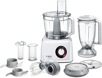 Bosch, MultiTalent 8 foodprocessor, waveCut-mes, SmartStorage, mixeropzetstuk, blenderkan, 1000 Watt, 45 functies, MC812W501, wit