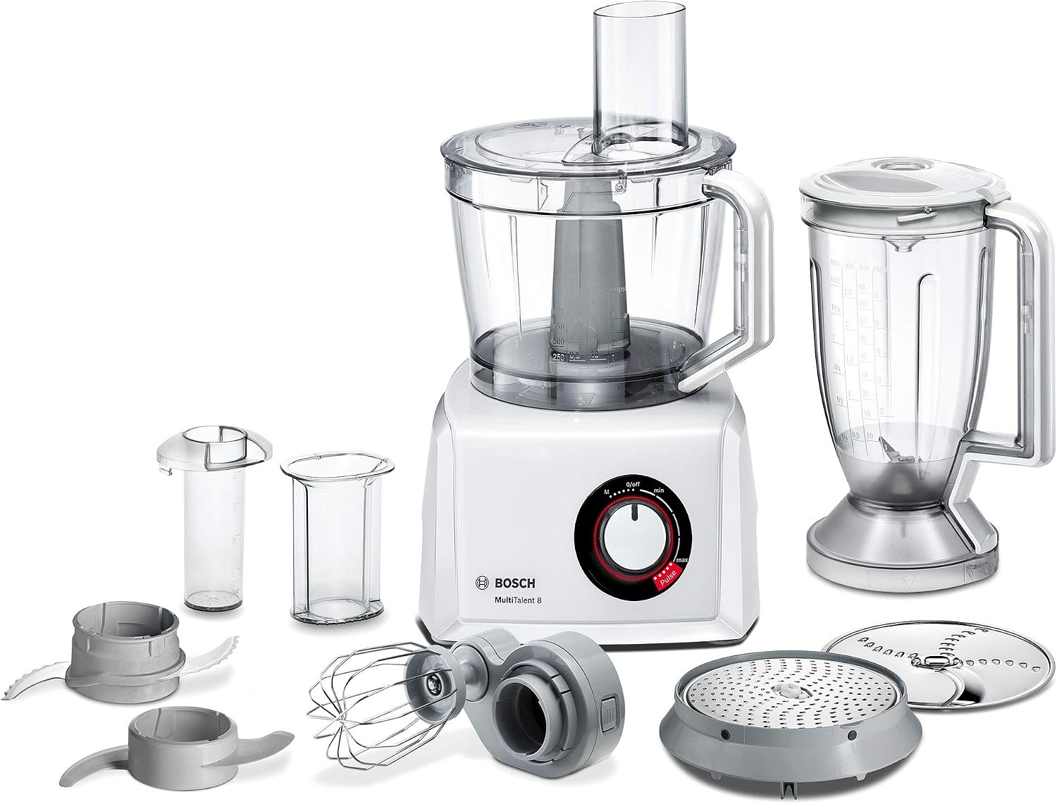 Bosch, MultiTalent 8 foodprocessor, waveCut-mes, SmartStorage, mixeropzetstuk, blenderkan, 1000 Watt, 45 functies, MC812W501, wit