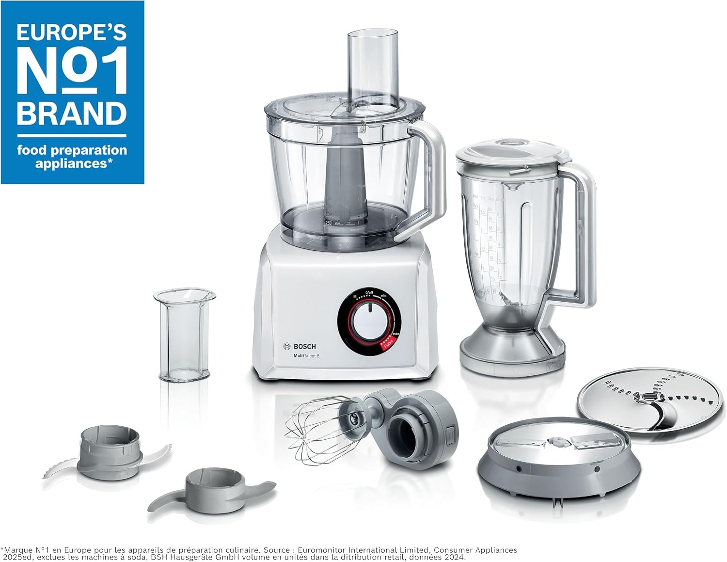 Bosch, MultiTalent 8 foodprocessor, waveCut-mes, SmartStorage, mixeropzetstuk, blenderkan, 1000 Watt, 45 functies, MC812W501, wit