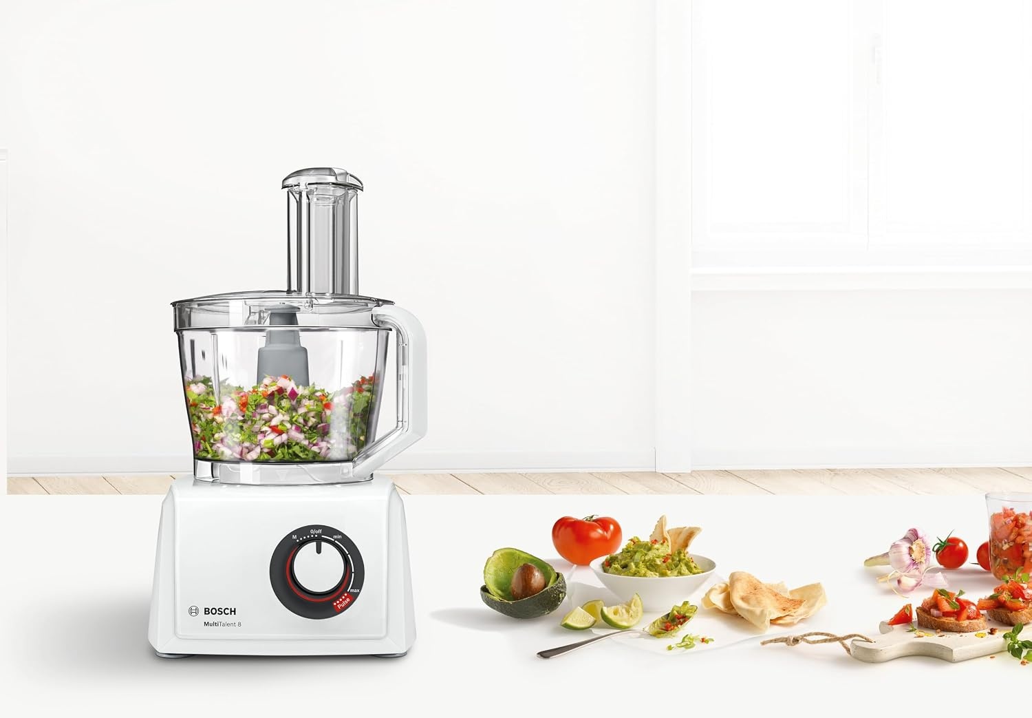 Bosch, MultiTalent 8 foodprocessor, waveCut-mes, SmartStorage, mixeropzetstuk, blenderkan, 1000 Watt, 45 functies, MC812W501, wit