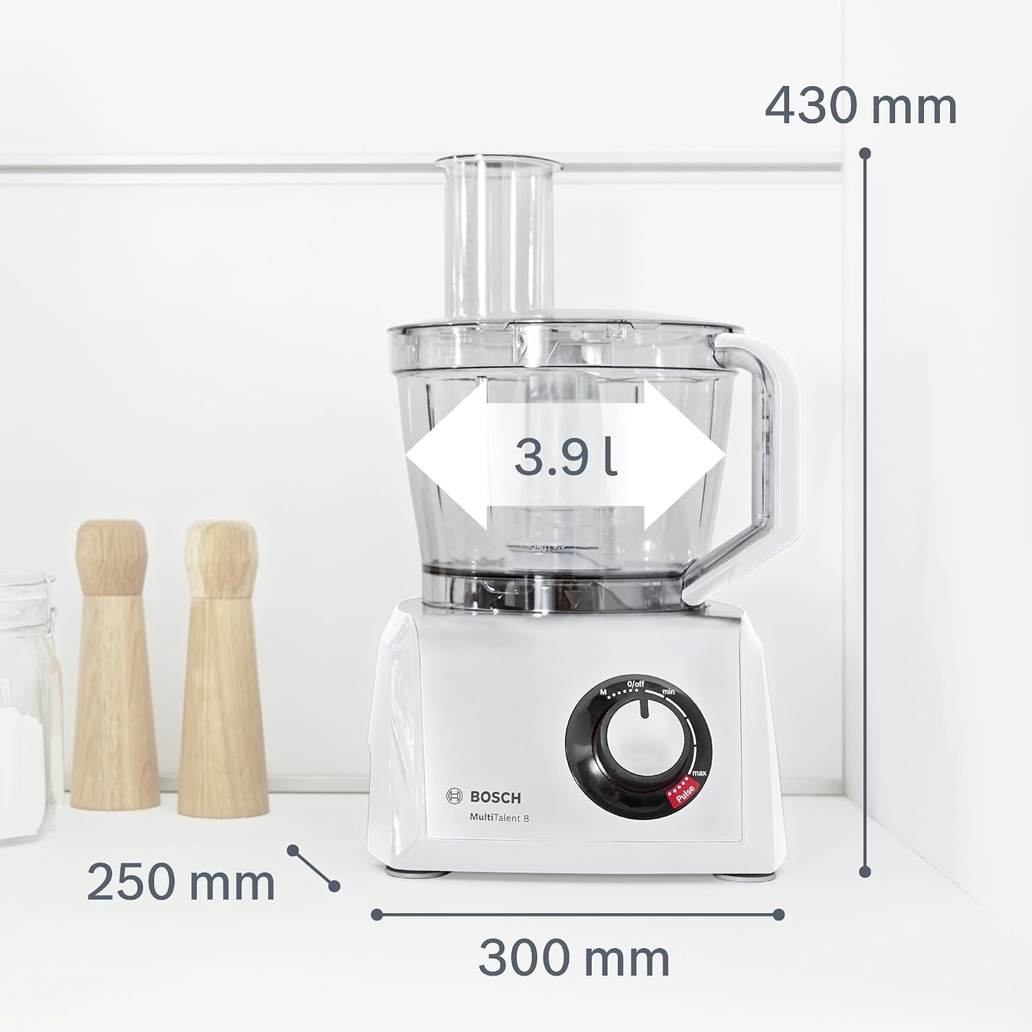 Bosch, MultiTalent 8 foodprocessor, waveCut-mes, SmartStorage, mixeropzetstuk, blenderkan, 1000 Watt, 45 functies, MC812W501, wit