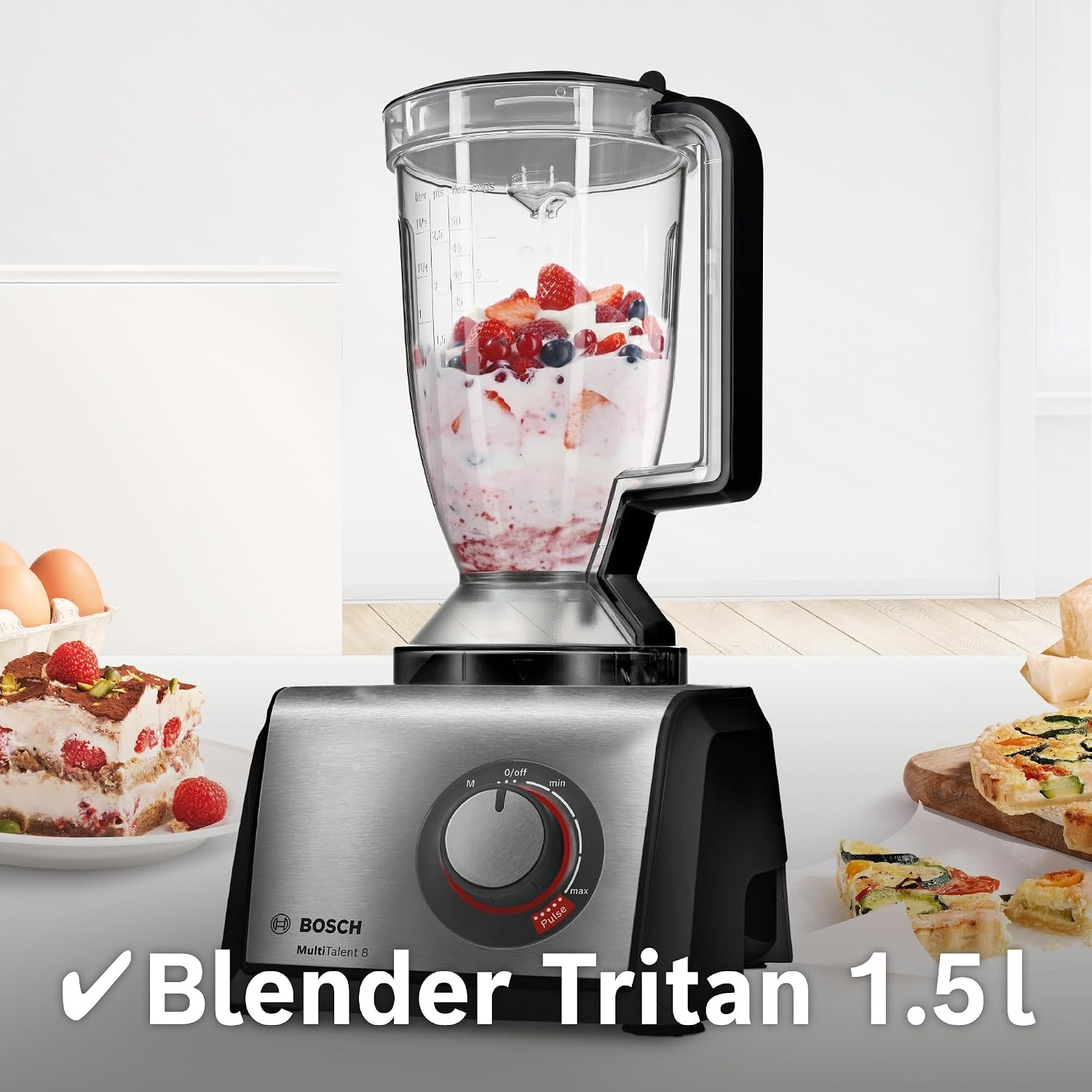 Bosch, MultiTalent 8 foodprocessor, waveCut-mes, SmartStorage, mixeropzetstuk, blenderkan, 1000 Watt, 45 functies, MC812W501, wit