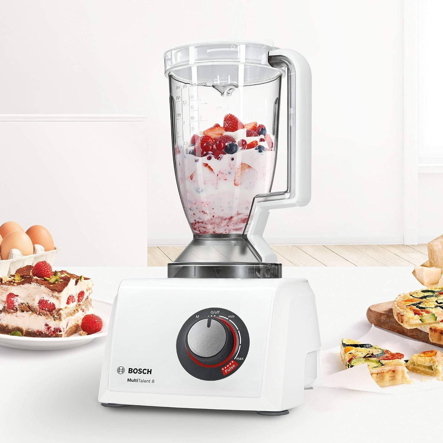 Bosch, MultiTalent 8 foodprocessor, waveCut-mes, SmartStorage, mixeropzetstuk, blenderkan, 1000 Watt, 45 functies, MC812W501, wit