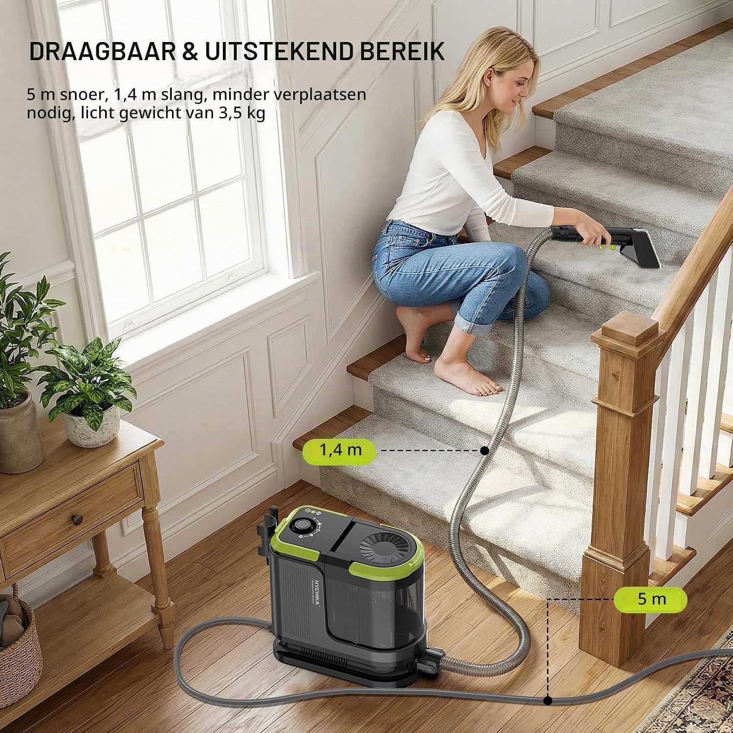 HYCHIKA Alleszuiger & Tapijtreiniger 1800W, 17 kPa Tapijt- & Bekledingsreiniger, Draagbare Tapijtreiniger met Zelfreiniging & Lange Slang voor Tapijten/Banken/Auto's & Gezinnen met Huisdieren