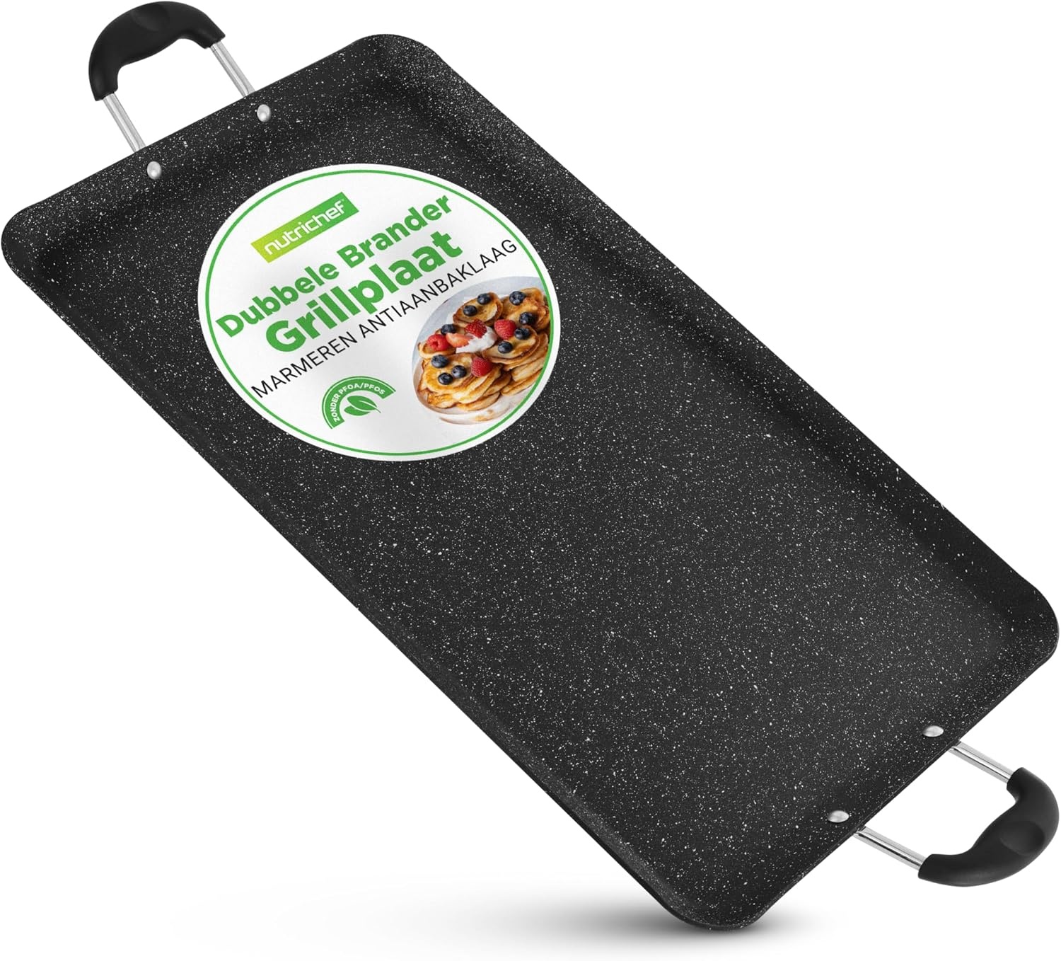 NutriChef Dubbele Branders Griddle – Anti-aanbak Bakplaat voor Gasfornuis, Vaatwasmachinebestendig, Hittebestendige Handgrepen, PFOA-vrij, 51 x 30 cm (Zwart)