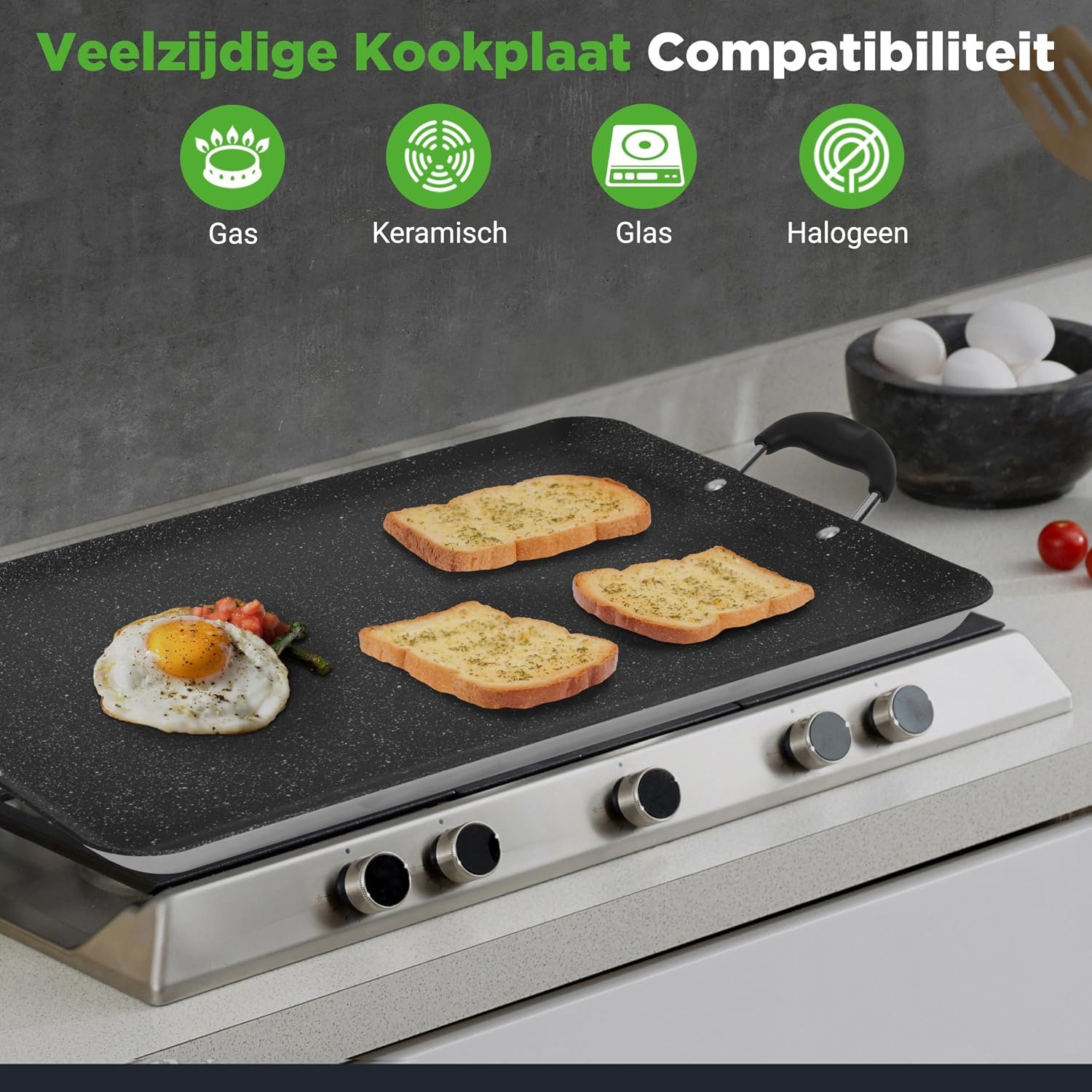 NutriChef Dubbele Branders Griddle – Anti-aanbak Bakplaat voor Gasfornuis, Vaatwasmachinebestendig, Hittebestendige Handgrepen, PFOA-vrij, 51 x 30 cm (Zwart)