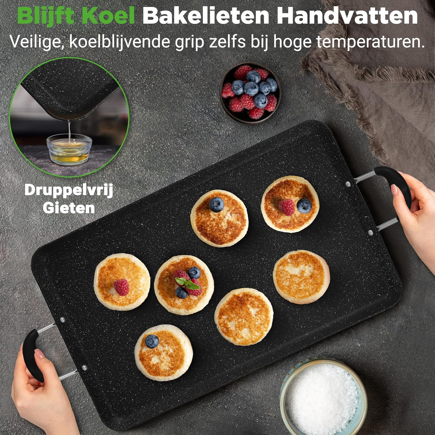 NutriChef Dubbele Branders Griddle – Anti-aanbak Bakplaat voor Gasfornuis, Vaatwasmachinebestendig, Hittebestendige Handgrepen, PFOA-vrij, 51 x 30 cm (Zwart)