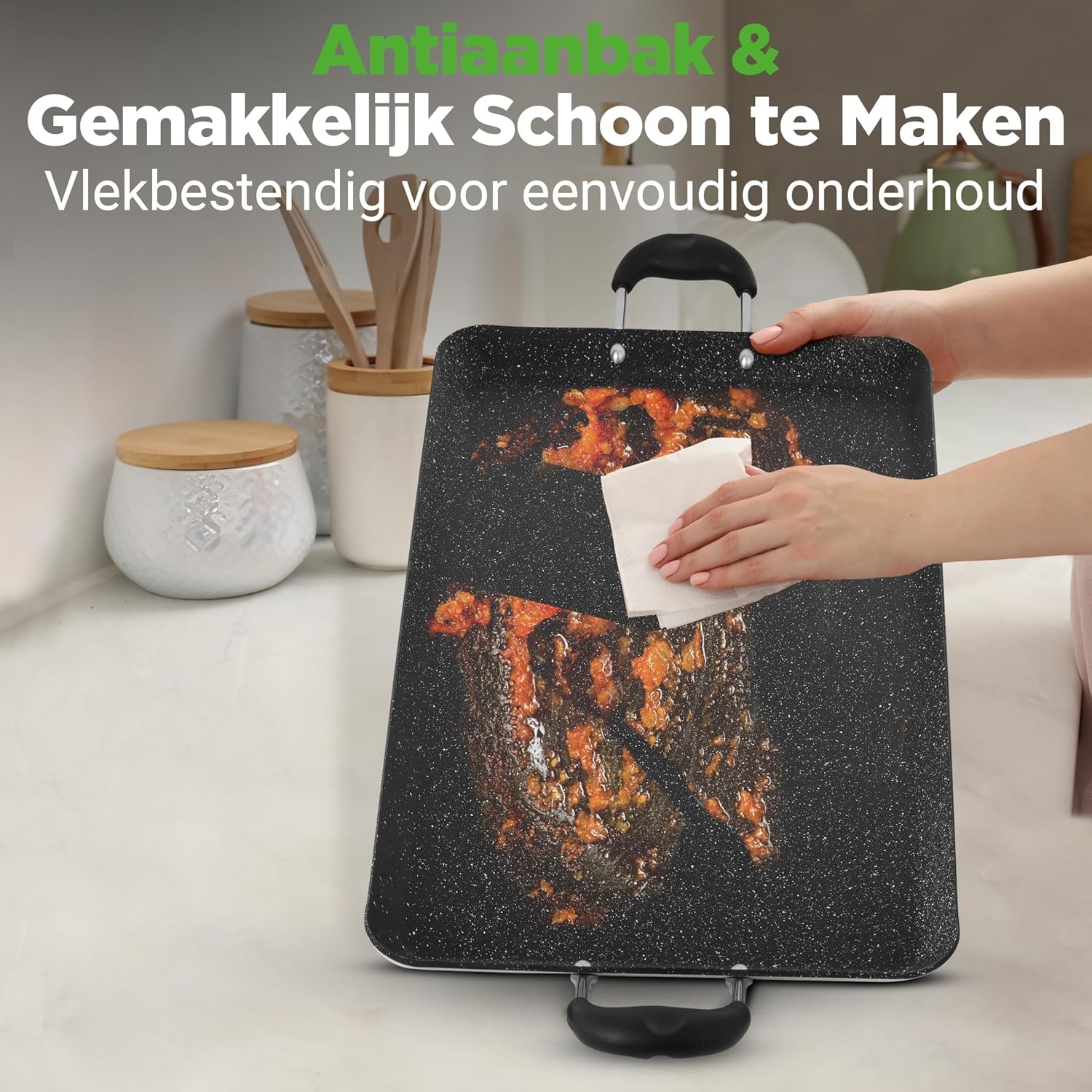 NutriChef Dubbele Branders Griddle – Anti-aanbak Bakplaat voor Gasfornuis, Vaatwasmachinebestendig, Hittebestendige Handgrepen, PFOA-vrij, 51 x 30 cm (Zwart)