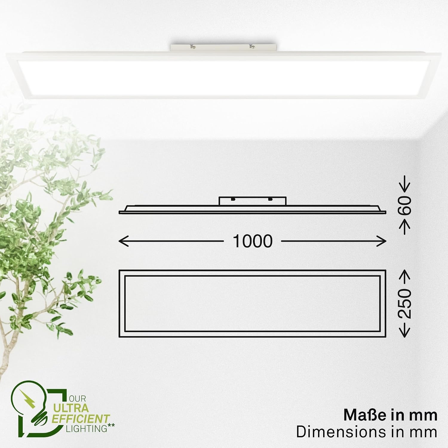 BRILONER - LED plafondlamp, EEK A lichtbron, 13,5W bij 2900lm, vlak, indirect licht, LED lamp, woonkamerlamp, paneel, keukenlamp, ganglamp, 100x25x6 cm, wit - Maat 100 cm