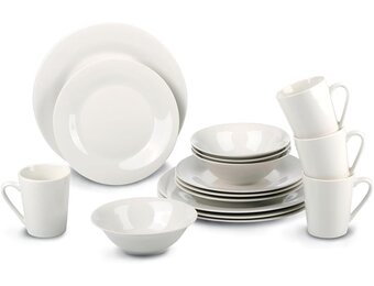 alpina Serviesset 16-Delig - Bordenset Diner 4 Persoons - Aardewerk Servies - Dinerborden, Dessertborden, Kommen en Mokken - Magnetron en Vaatwasser Bestendig - Wit