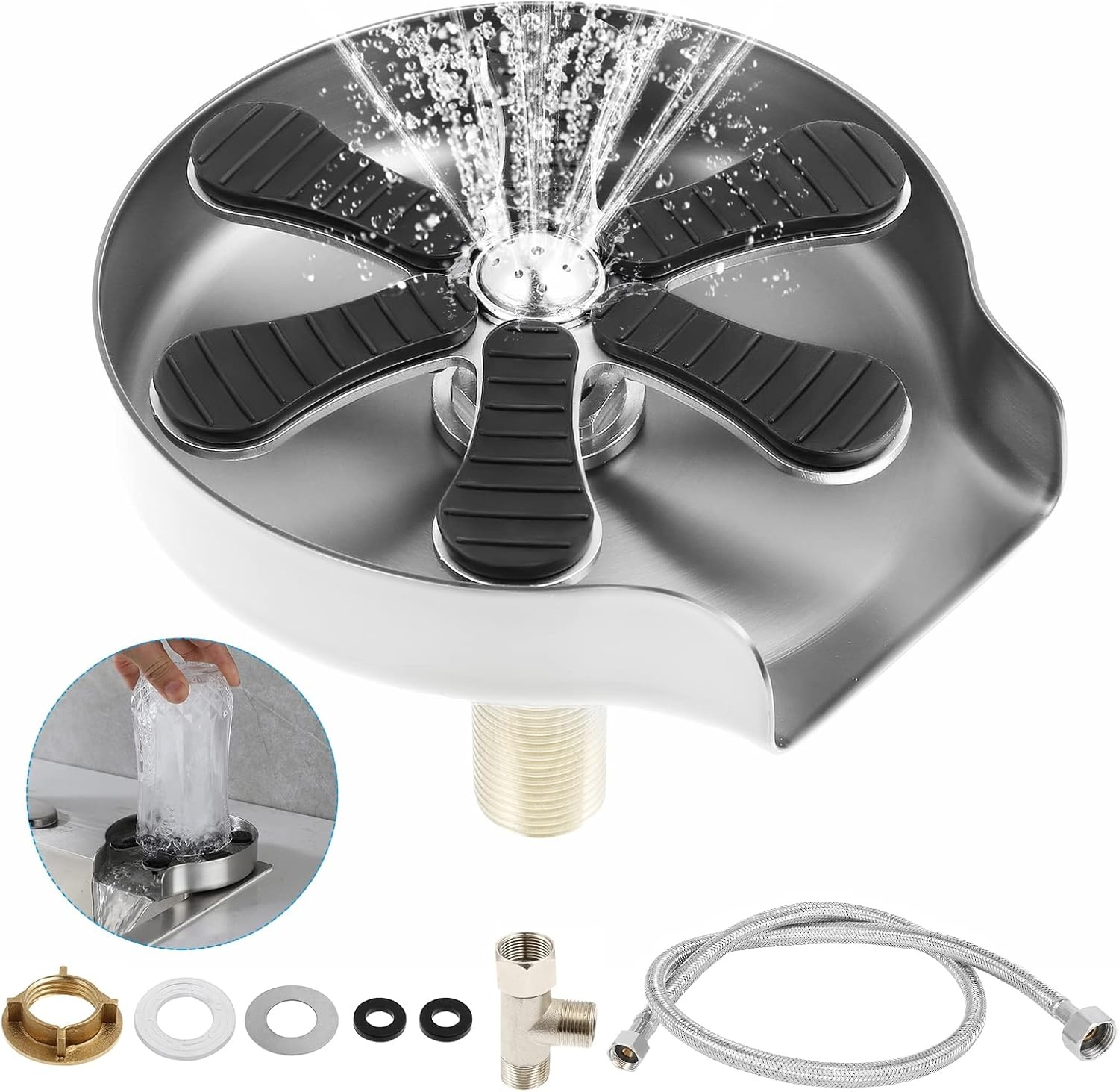 Dyna-Living Roestvrijstalen glaspoeler, automatische glazen spoelbak, kopwasmachine, flessenwasmachine, ingebedde glasafdruiprek voor keukenspoelbak, bar, thuis (pistoolgrijs)