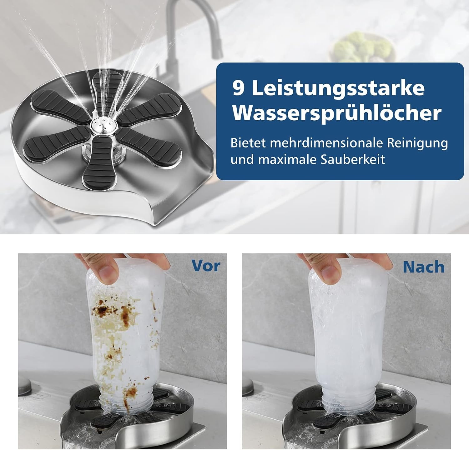 Dyna-Living Roestvrijstalen glaspoeler, automatische glazen spoelbak, kopwasmachine, flessenwasmachine, ingebedde glasafdruiprek voor keukenspoelbak, bar, thuis (pistoolgrijs)