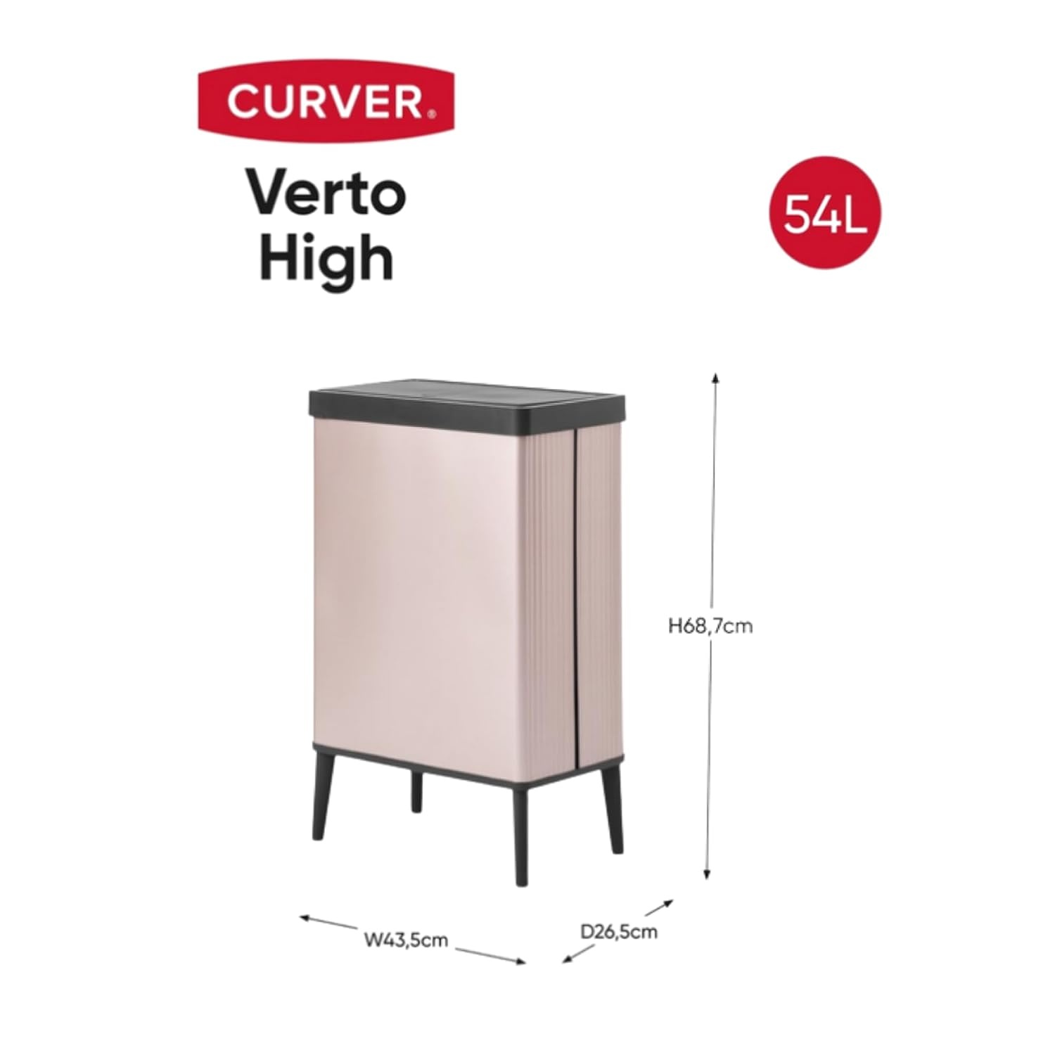 CURVER Verto 54L hoge afvalbak, duwdeksel, slank ontwerp, eenvoudige montage, recyclevriendelijk, parelroos
