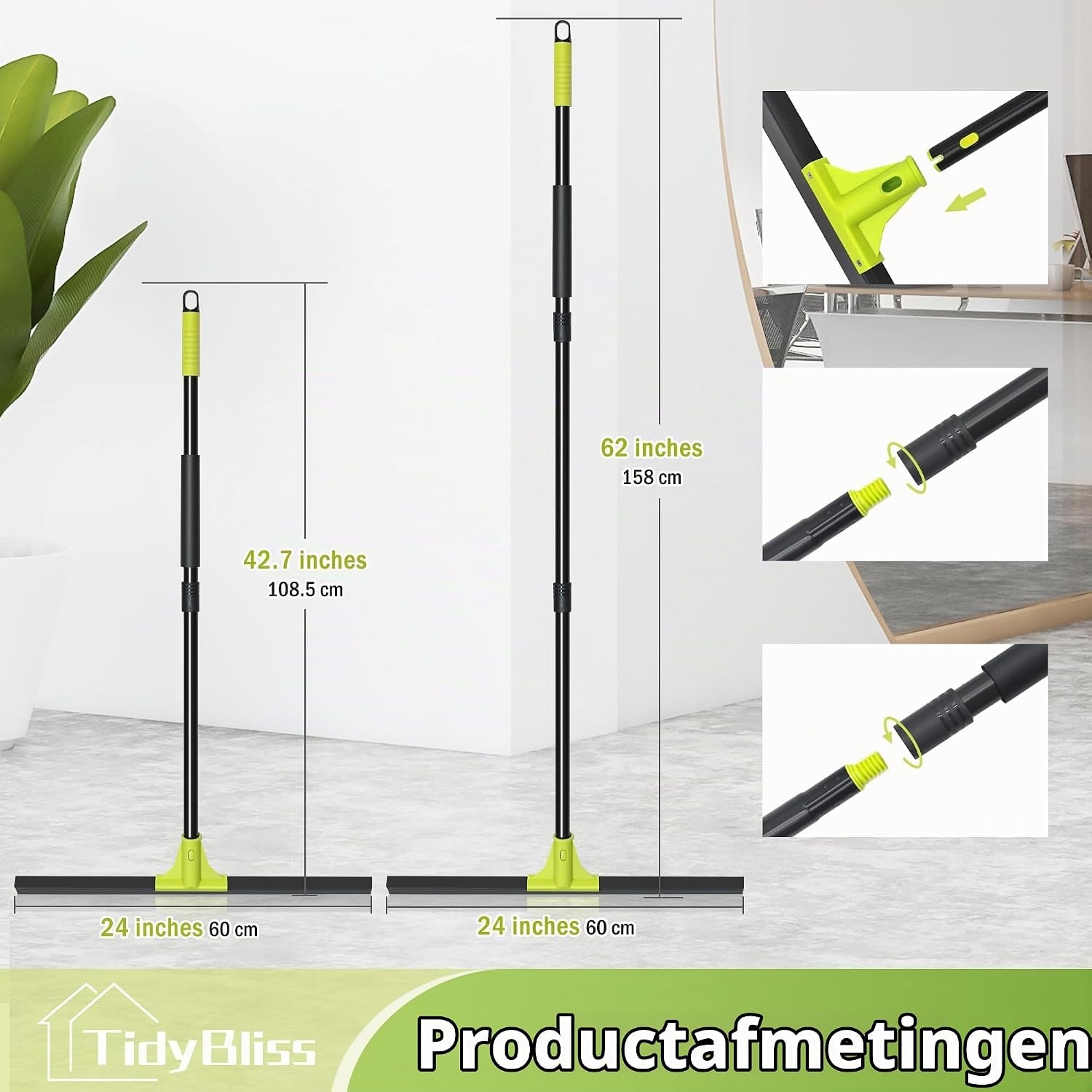 TidyBliss Vloerwisser Heavy Duty, 60 cm Rubber Schuim Water Schraper Bezem met 158 cm Lange Steel, Epoxy Wisser Dweil voor het Reinigen van Beton Zwembad Tapijt Garage Dek Douche Raam Buiten Binnen