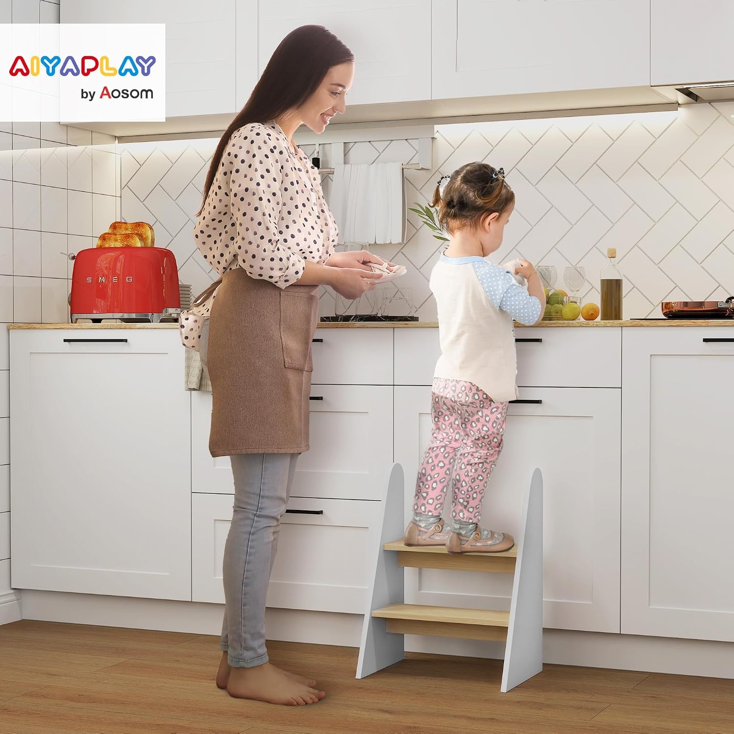AIYAPLAY 2-traps kruk voor kinderen 3-8 jaar, 20kg, wit hout