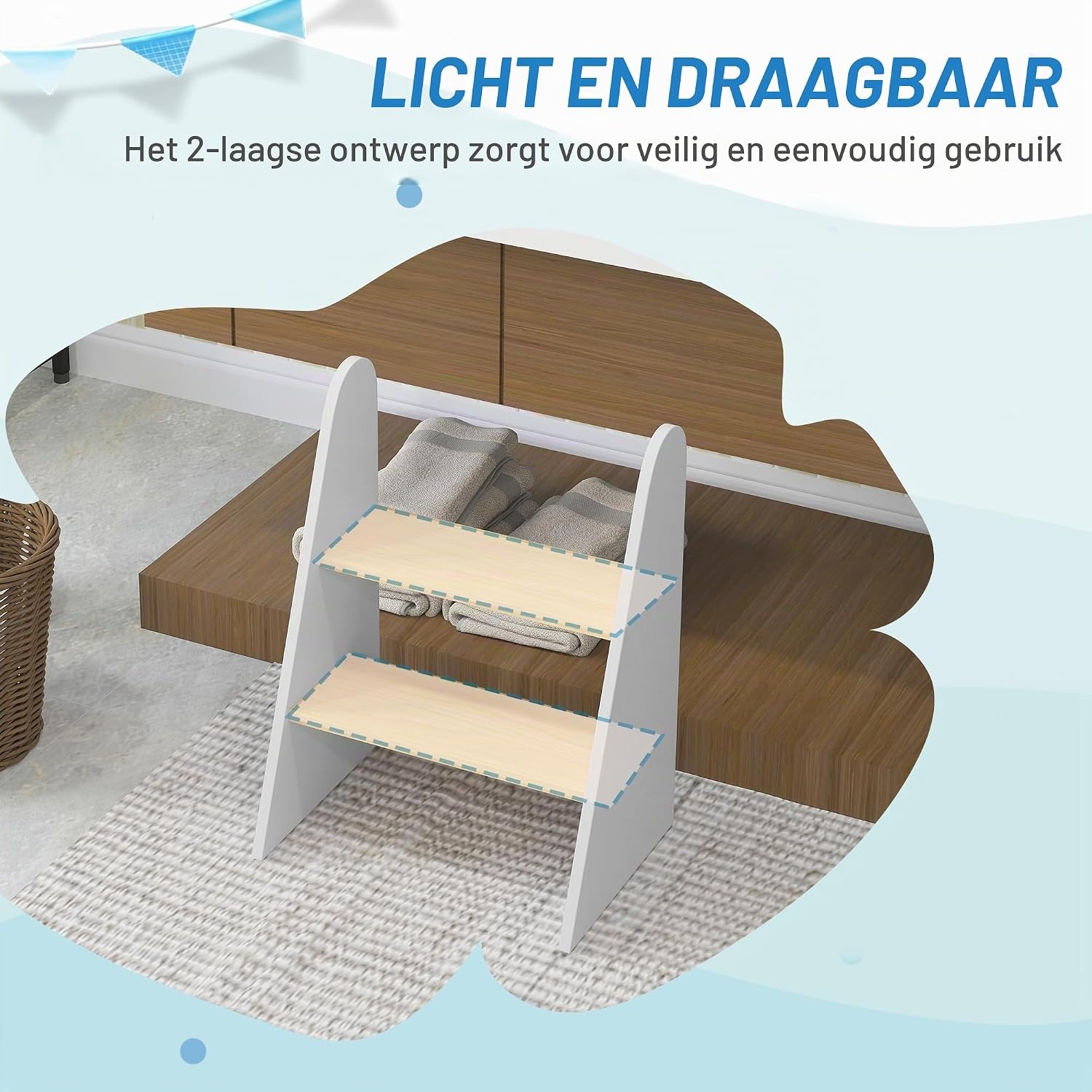 AIYAPLAY 2-traps kruk voor kinderen 3-8 jaar, 20kg, wit hout