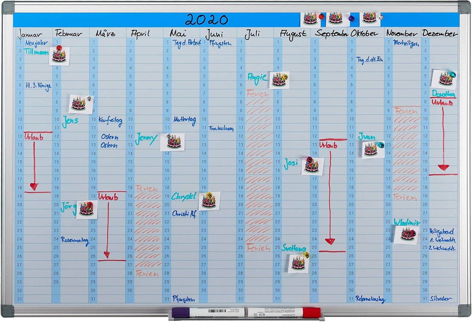 Relaxdays whiteboard planner, jaarplanner, magnetisch, planbord met pennenbakje, kantoor, magneetbord 60 x 90 cm, wit