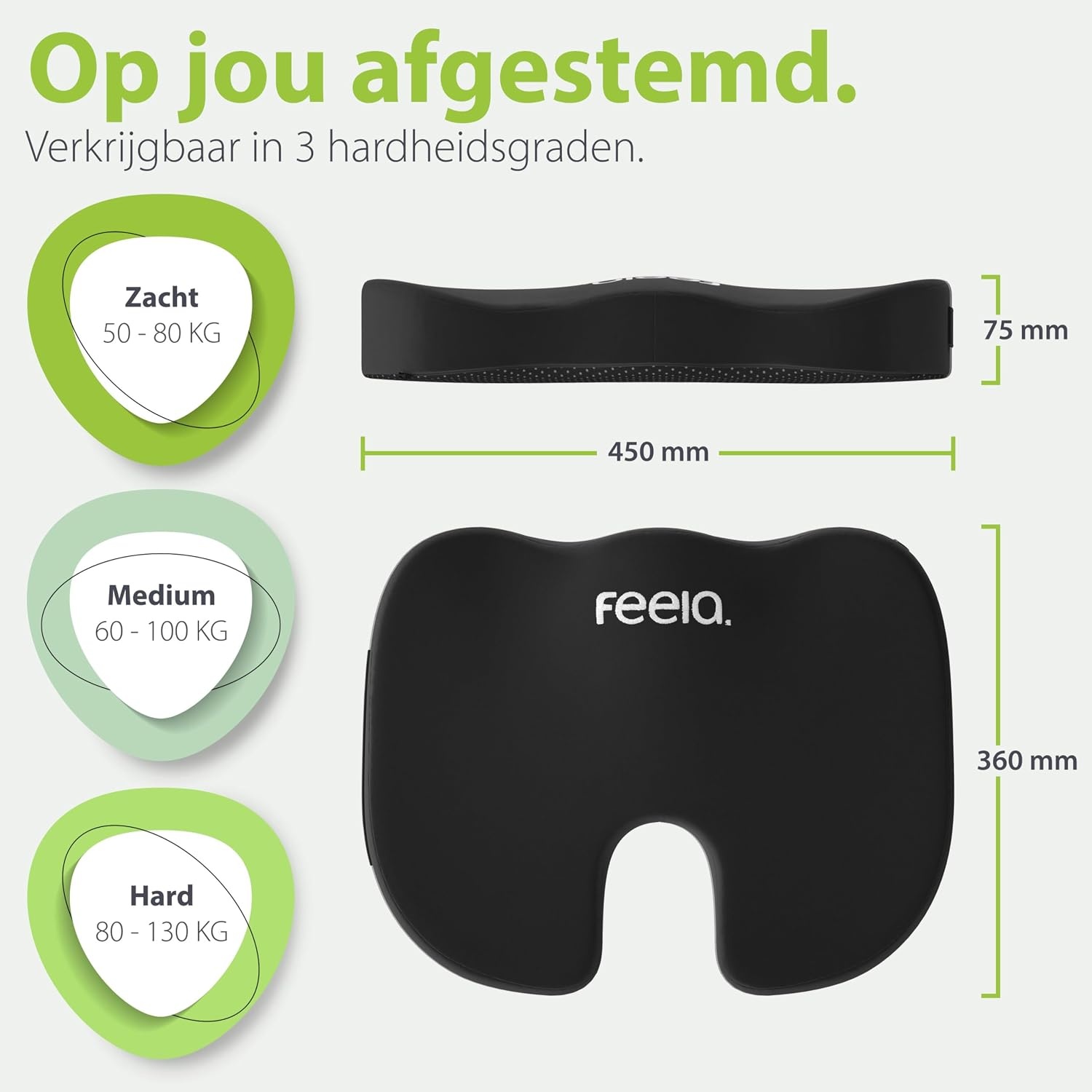 feela. Orthopedisch Zitkussen - Ergonomisch Traagschuim - Stuitbeenondersteuning - Zwart - 45 x 36 x 7 cm