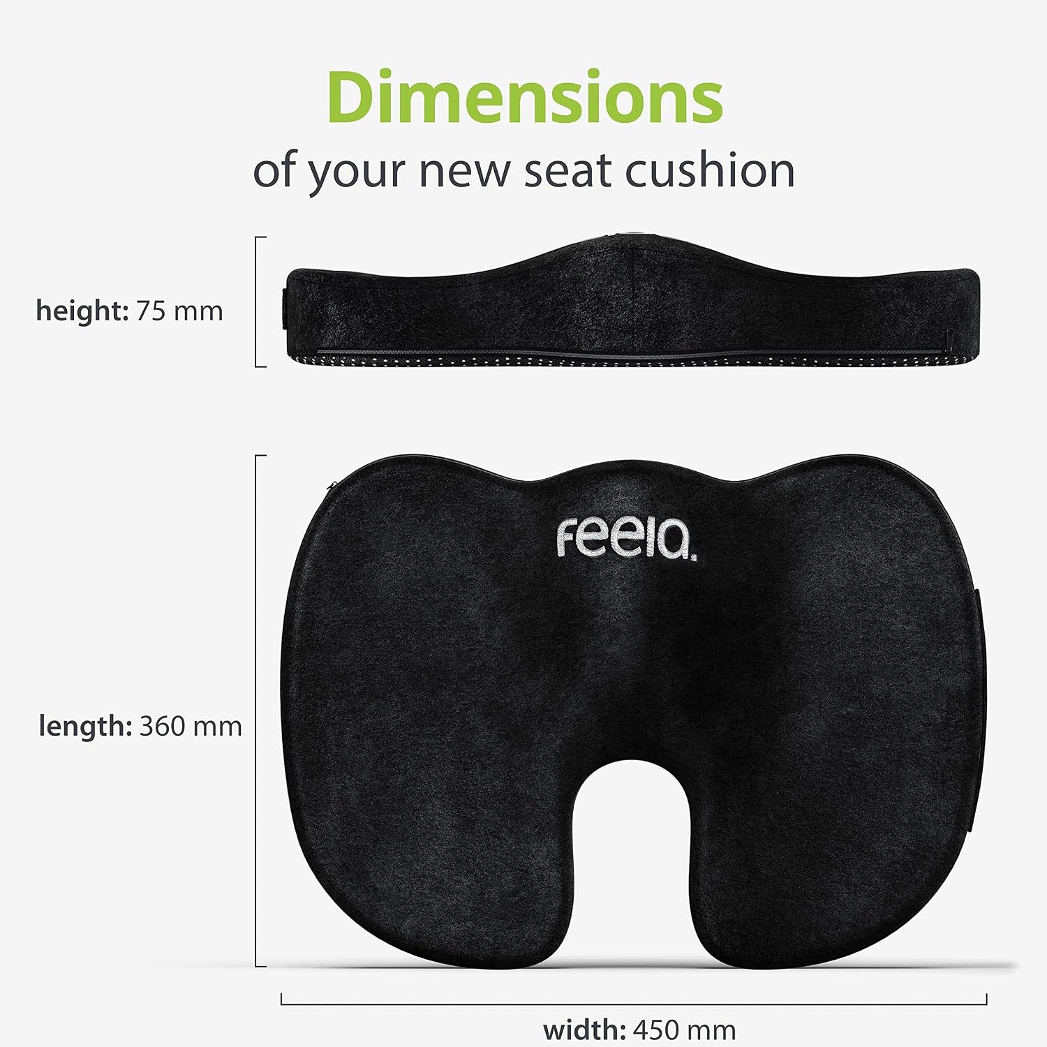 feela. Orthopedisch Zitkussen - Ergonomisch Traagschuim - Stuitbeenondersteuning - Zwart - 45 x 36 x 7 cm