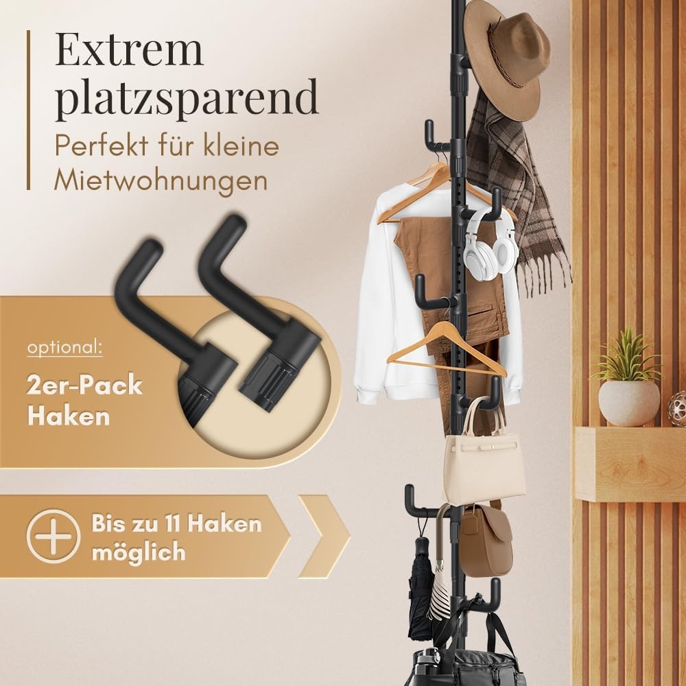 LOBUX Telescopisch Kledingrek - Verstelbaar 110-310 cm - 5 Haken - Zwart