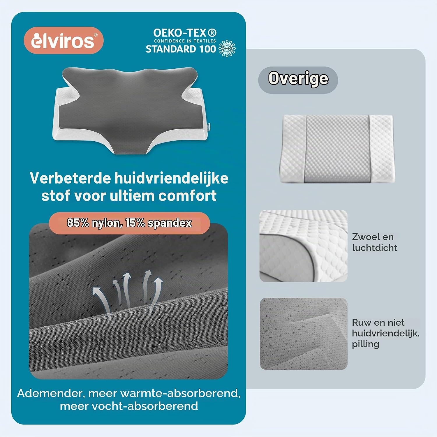 Elviros Orthopedisch Traagschuim Kussen 66x42 cm - Ergonomisch Neksteunkussen Donkergrijs