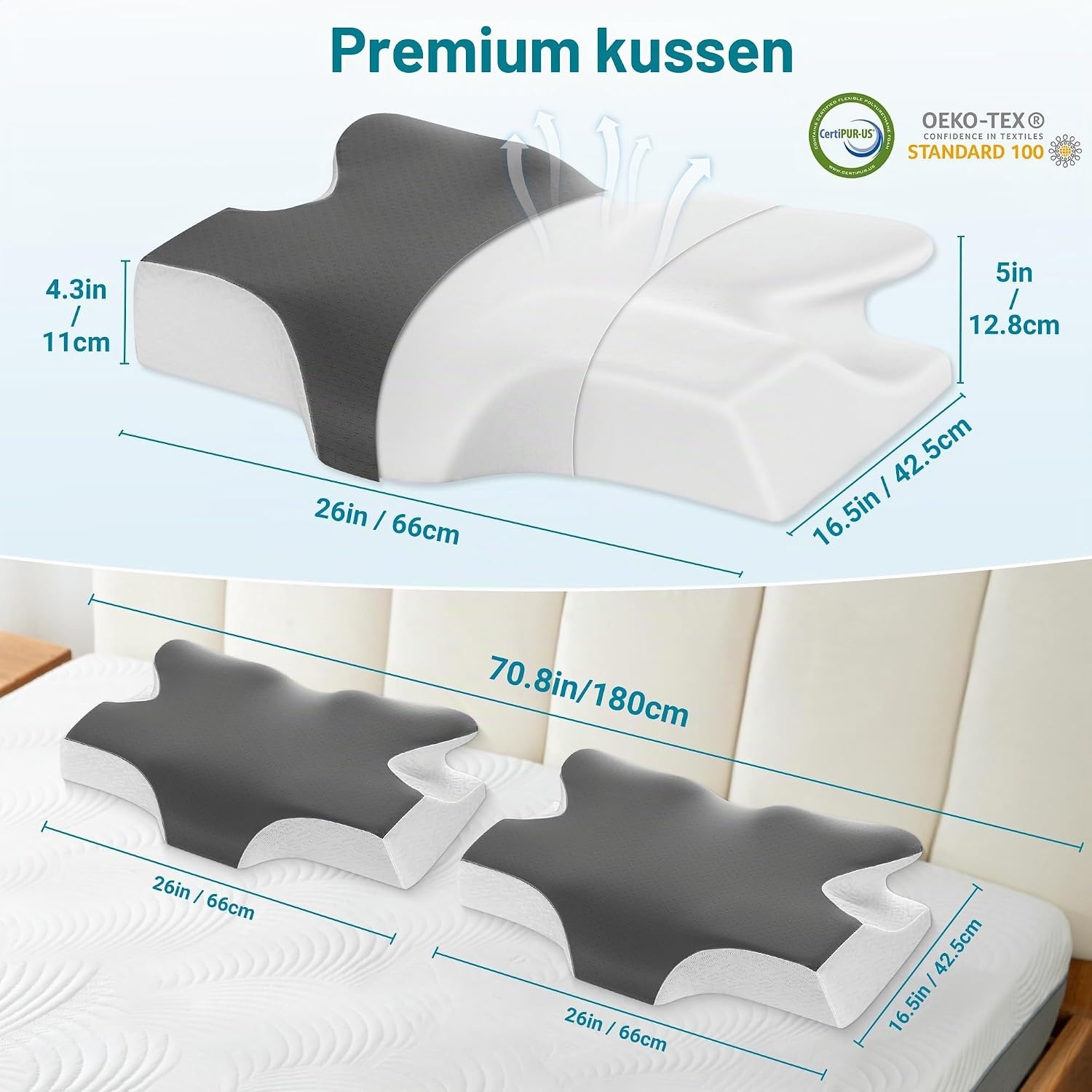 Elviros Orthopedisch Traagschuim Kussen 66x42 cm - Ergonomisch Neksteunkussen Donkergrijs