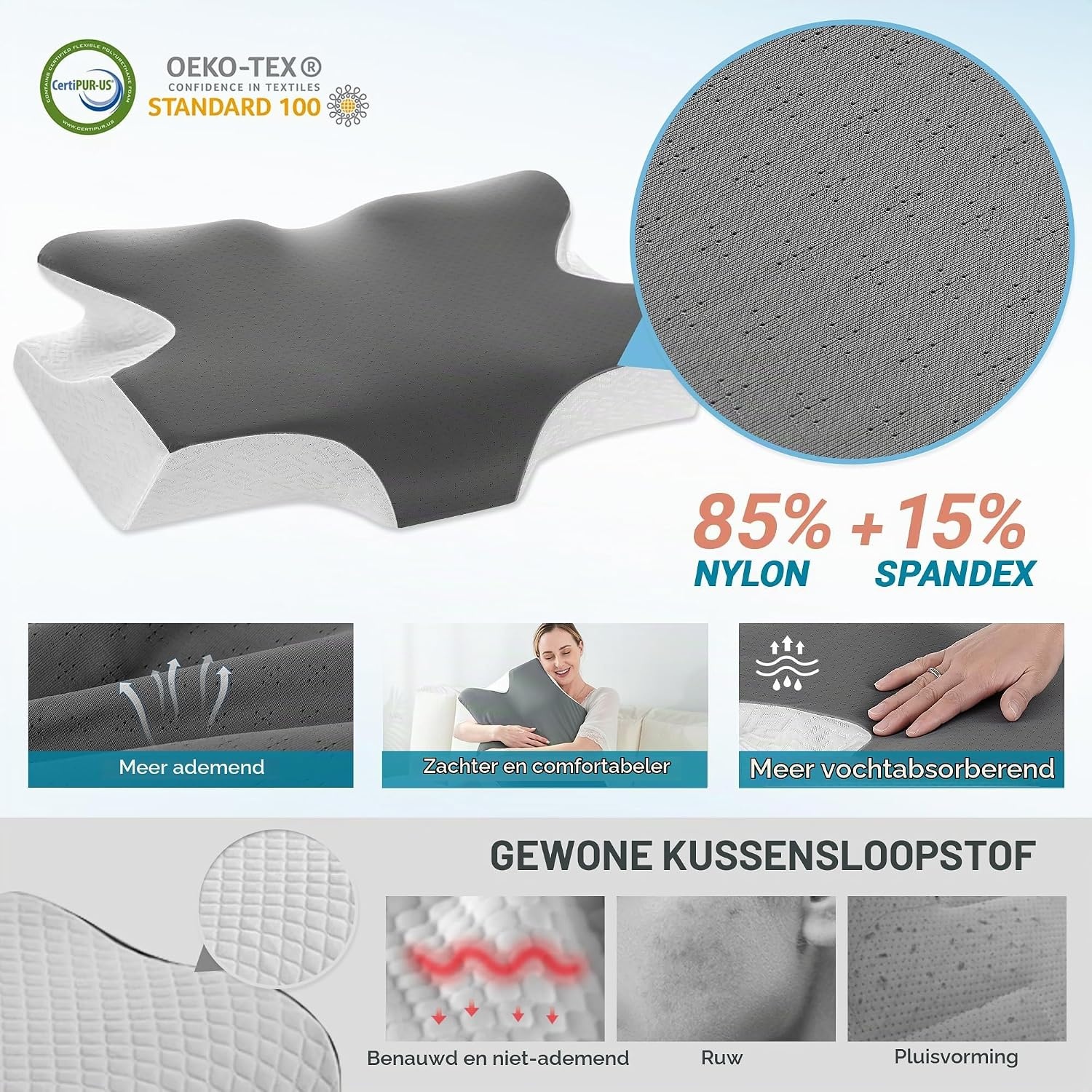 Elviros Orthopedisch Traagschuim Kussen 66x42 cm - Ergonomisch Neksteunkussen Donkergrijs