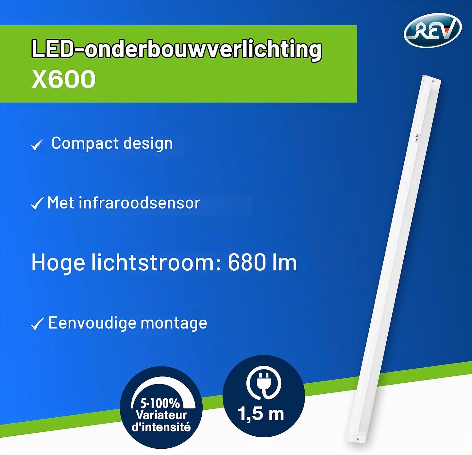 REV LED onderbouwlamp keuken - 60cm, 8W, 680lm, 3000K, dimbaar, wit - Maat 60cm