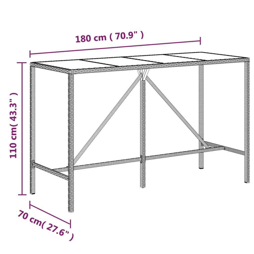 Bartafel met Glazen Blad 180x70x110 cm - Poly Rattan Grijs (34% Korting)
