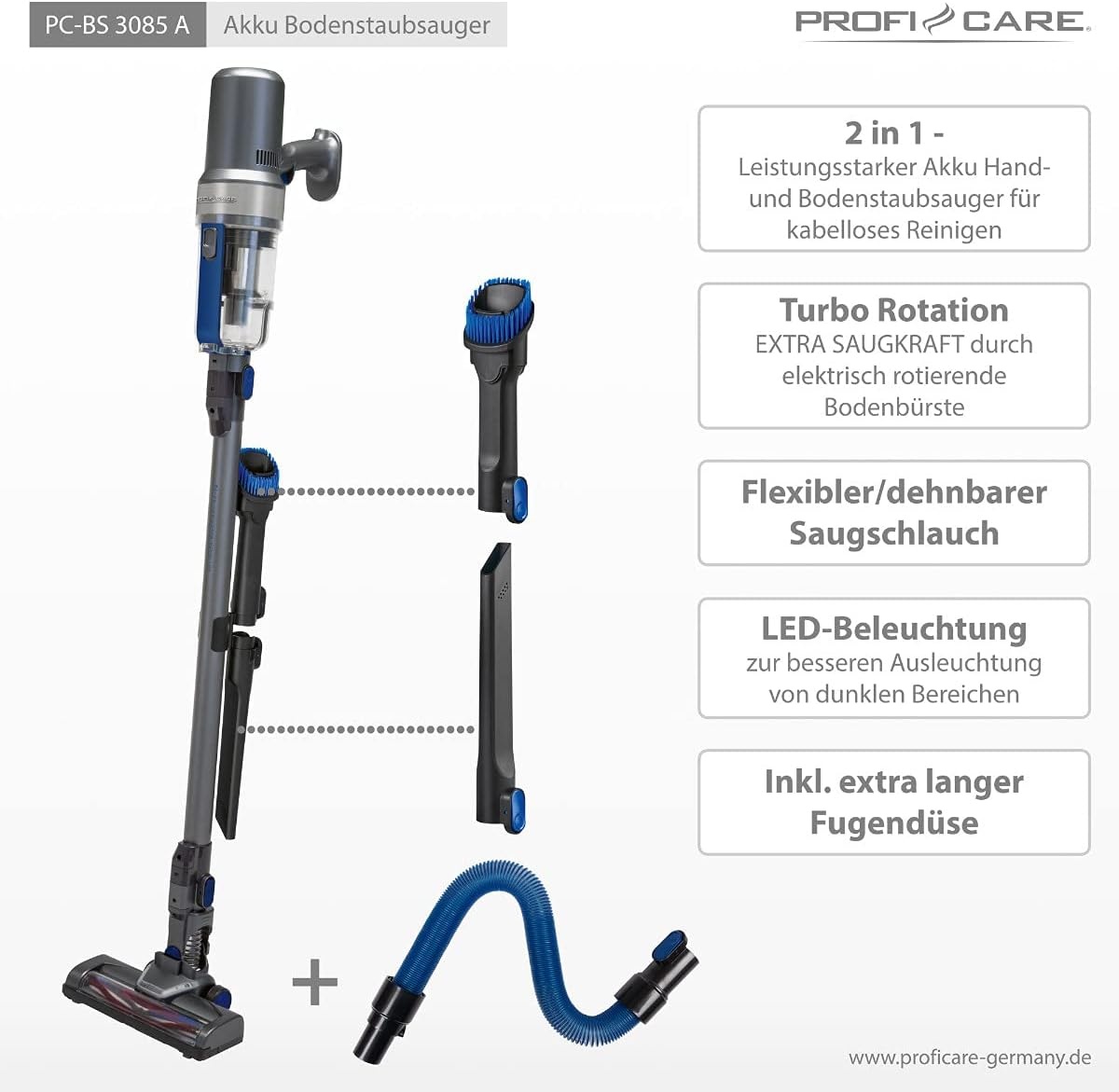 ProfiCare PC-BS 3085 A Draadloze Steelstofzuiger met Accu - Antraciet/Blauw