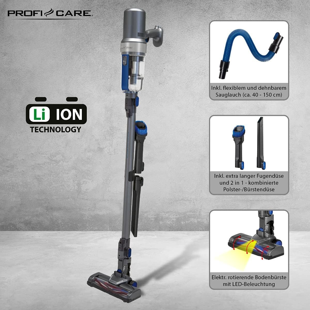 ProfiCare PC-BS 3085 A Draadloze Steelstofzuiger met Accu - Antraciet/Blauw