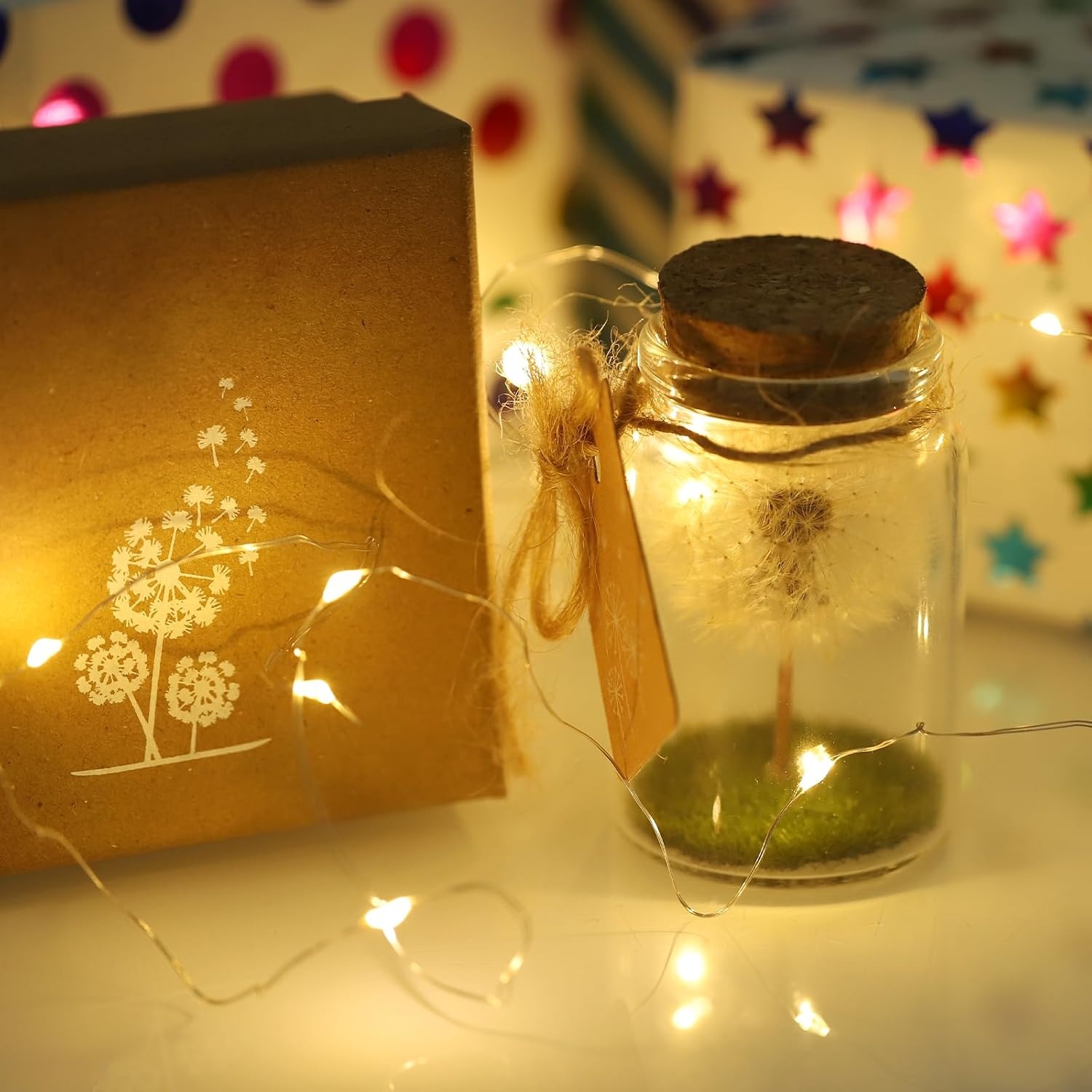 JIZZU Wensvervuller, Echte Paardenbloem In Glas Met Geschenkdoos, Geluksbrenger Kerstcadeaus Geschenken voor Vrouwen & Vriendin, Wensvoucher Beschermengel Handgemaakt, Bloemencadeau