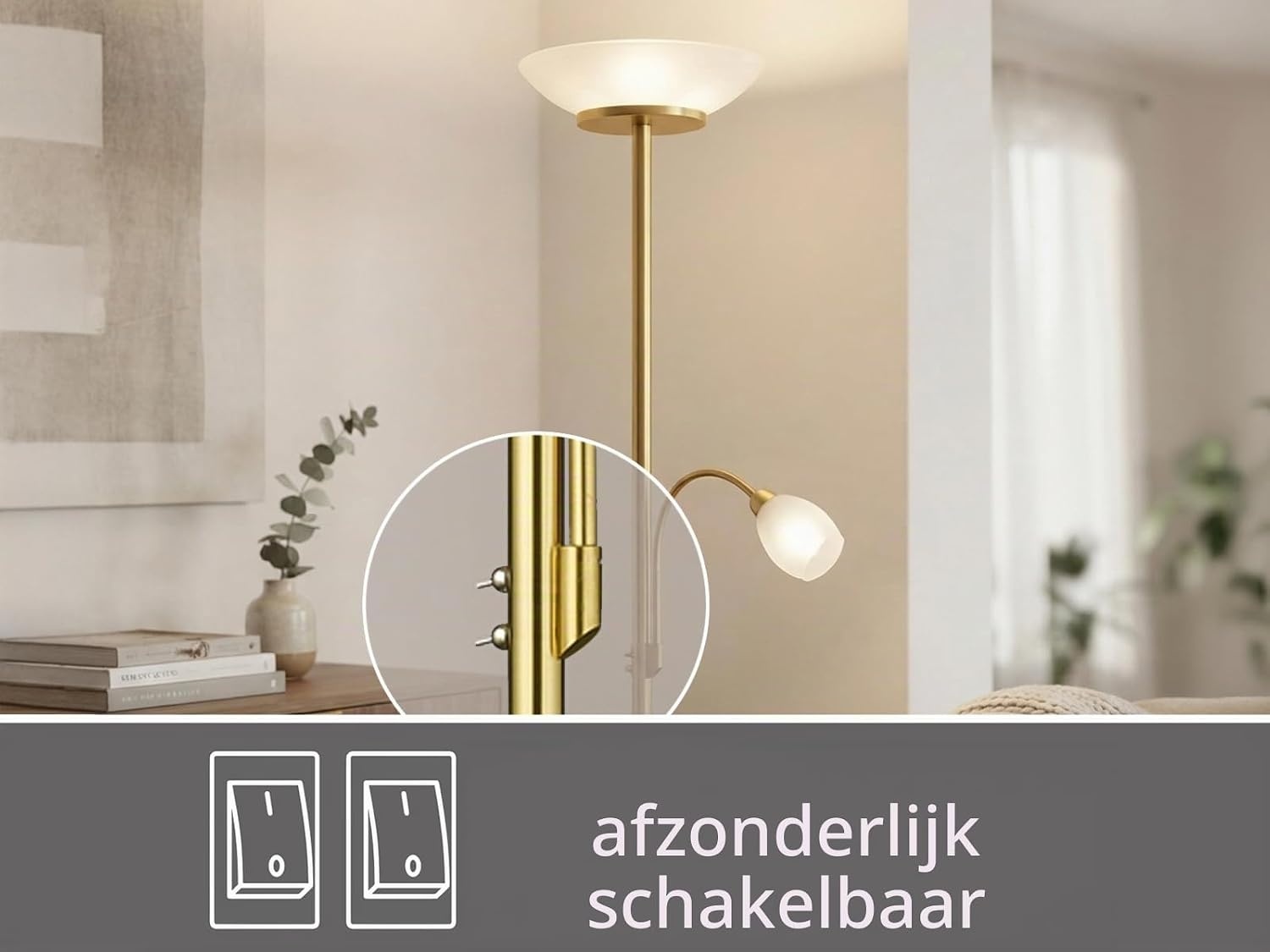 Reality Leuchten Staande lamp Gerry R40063108, metaal messing mat, glas wit, excl. 2x E27 & 1x E14