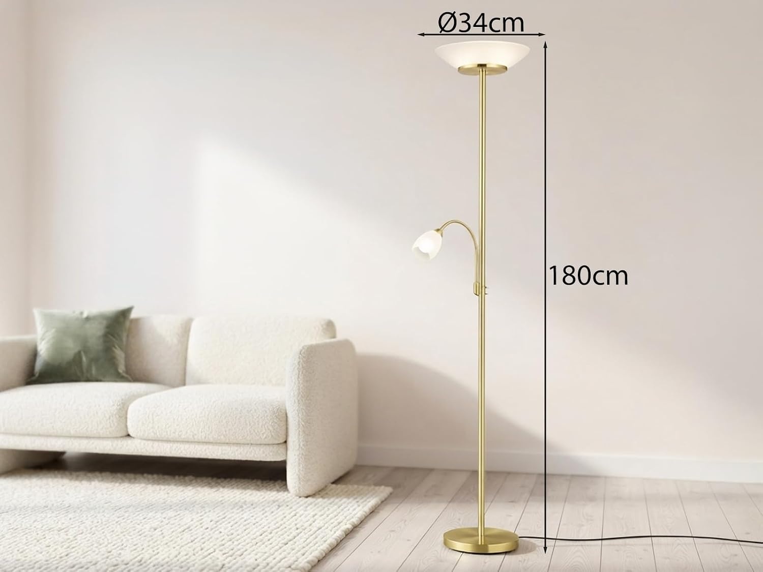 Reality Leuchten Staande lamp Gerry R40063108, metaal messing mat, glas wit, excl. 2x E27 & 1x E14