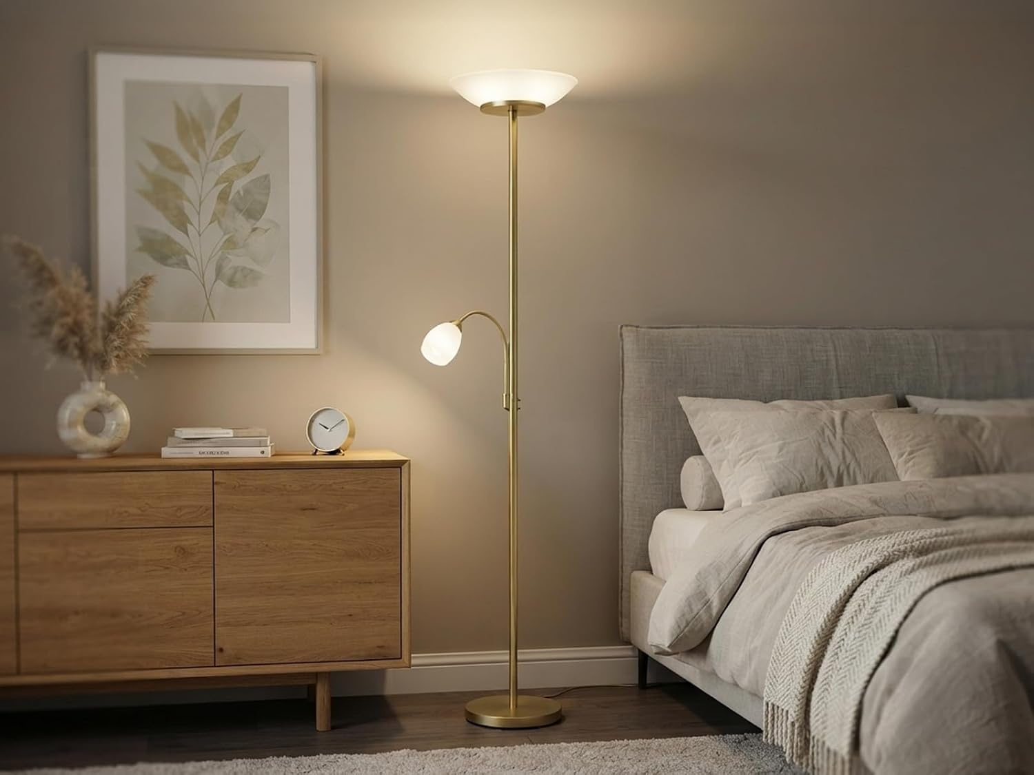 Reality Leuchten Staande lamp Gerry R40063108, metaal messing mat, glas wit, excl. 2x E27 & 1x E14