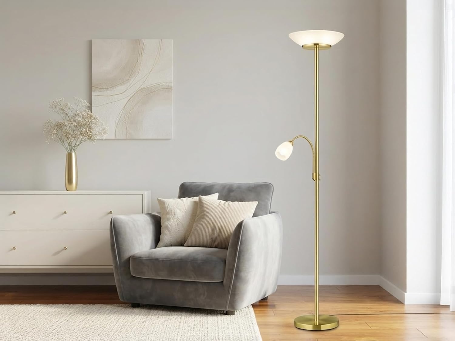 Reality Leuchten Staande lamp Gerry R40063108, metaal messing mat, glas wit, excl. 2x E27 & 1x E14