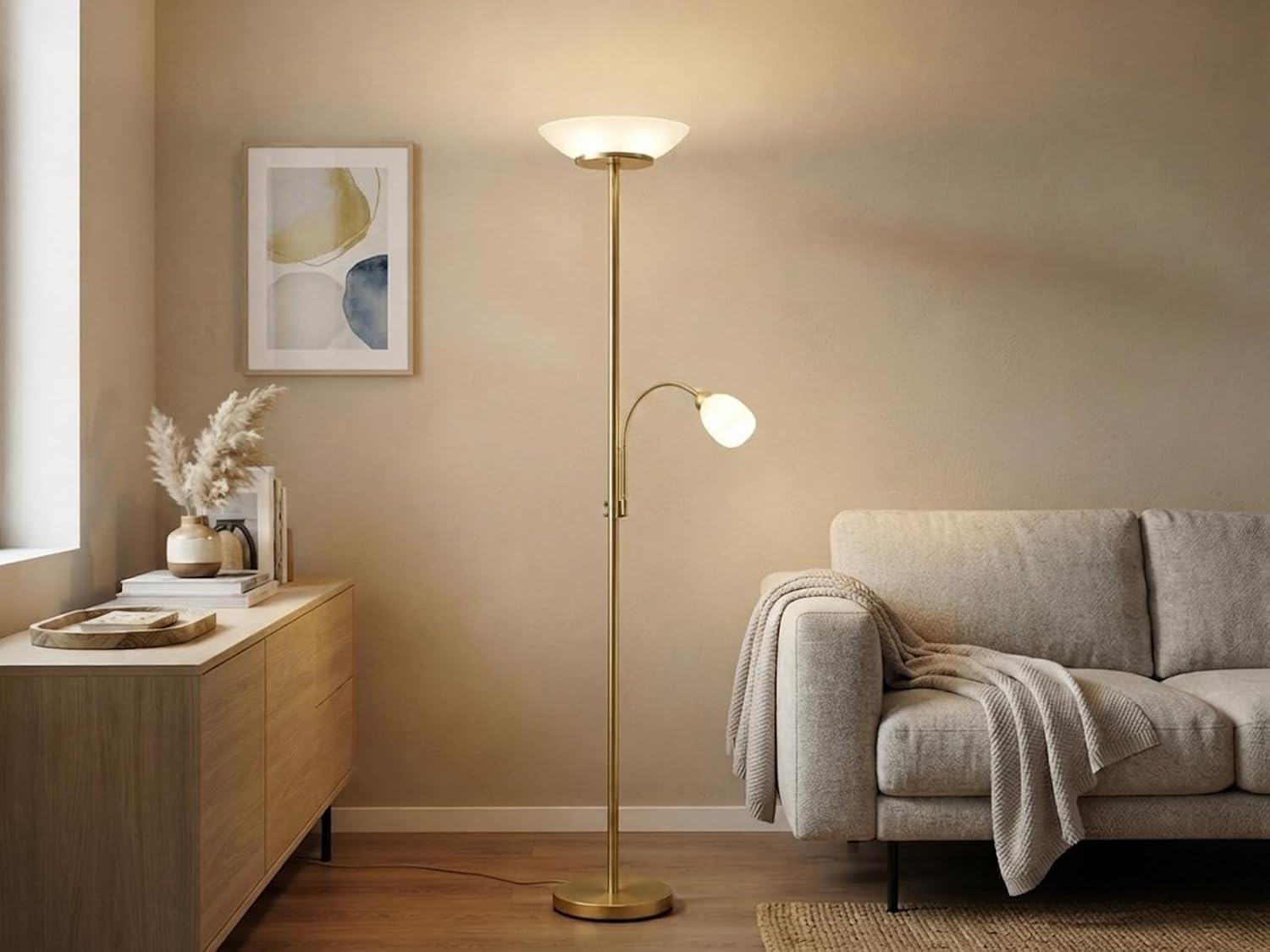 Reality Leuchten Staande lamp Gerry R40063108, metaal messing mat, glas wit, excl. 2x E27 & 1x E14