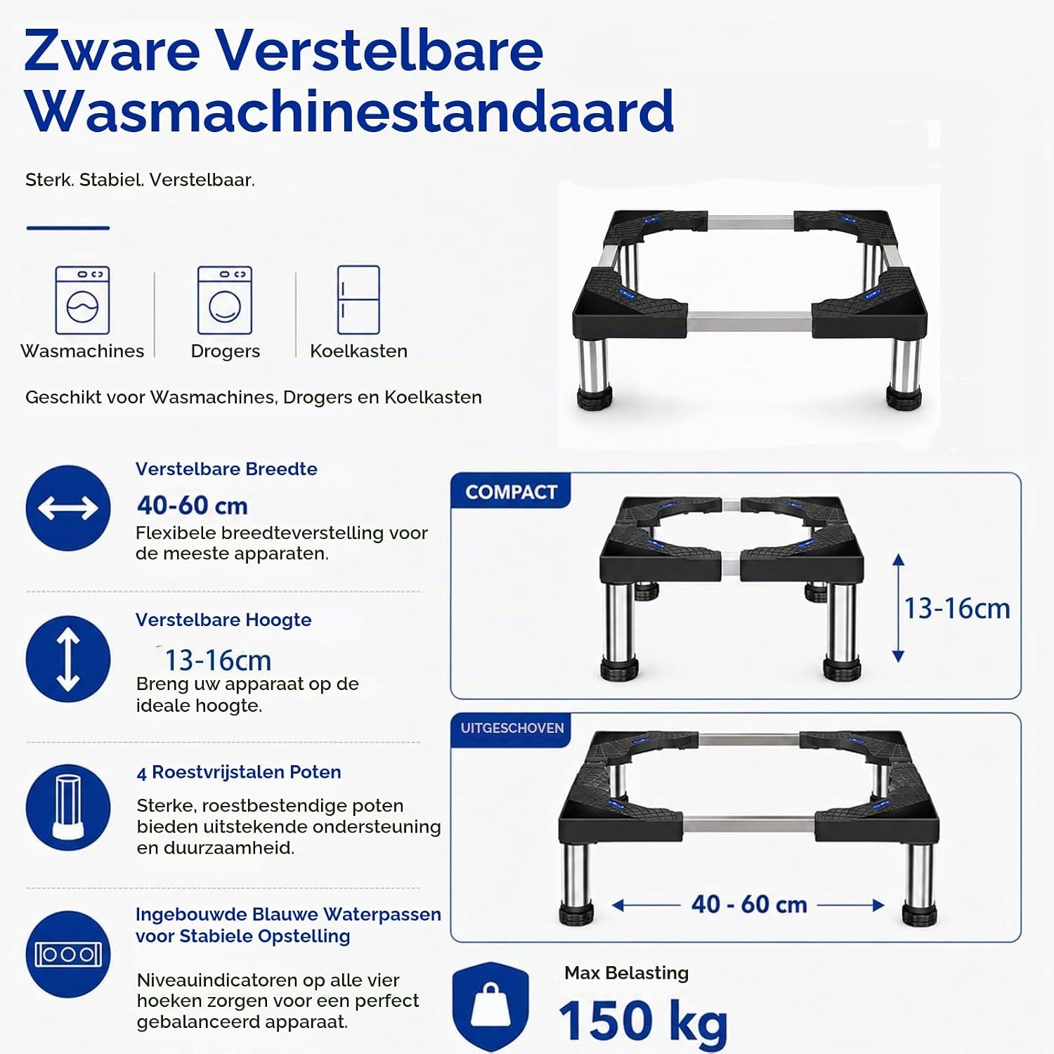 Wasmachine-onderstel, wasmachinekast, voetstuk voor koelkast, droger en vriezer, berenbelasting, 150 kg, verstelbare breedte hoogte (40-60 cm, 13-16 cm)