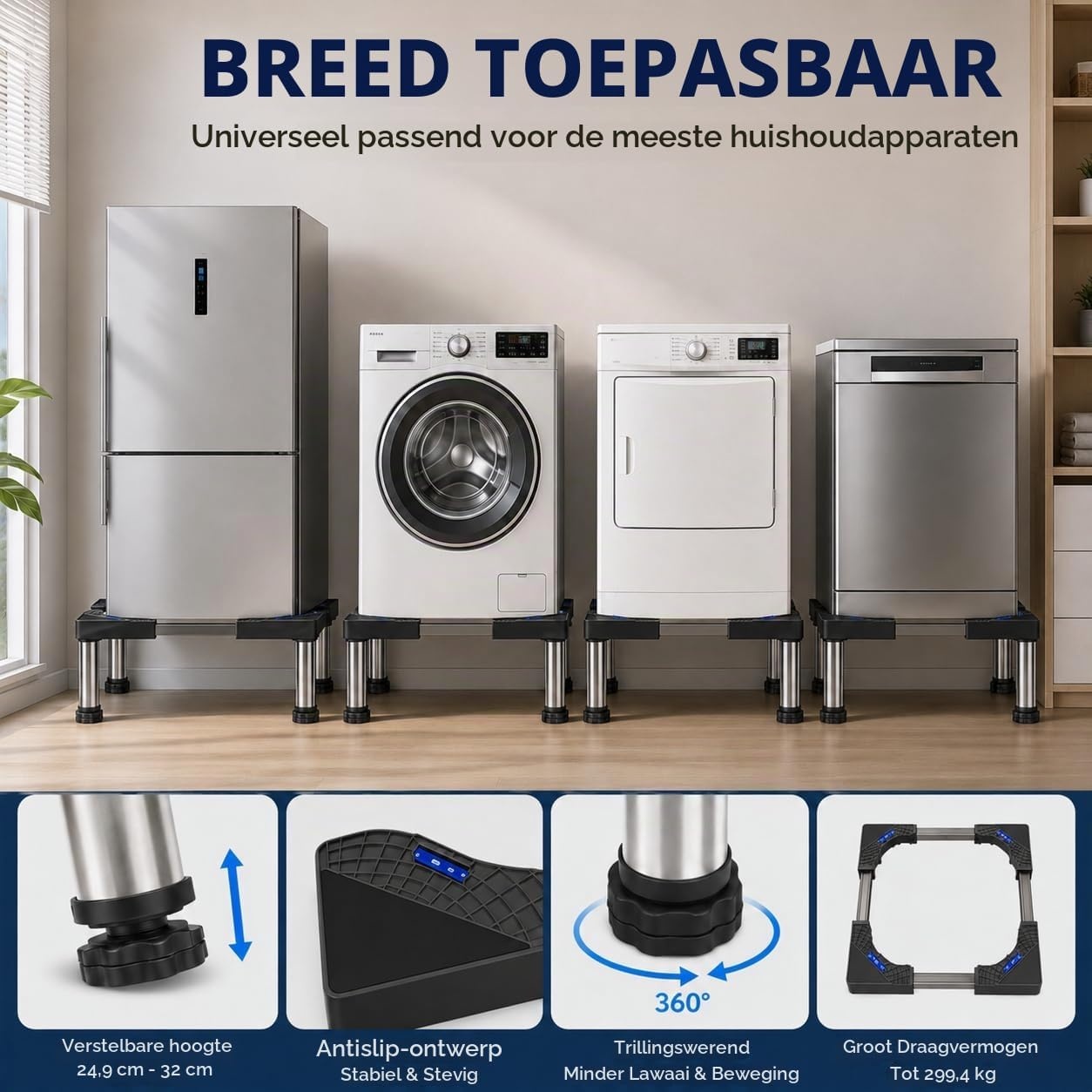 Wasmachine-onderstel, wasmachinekast, voetstuk voor koelkast, droger en vriezer, berenbelasting, 150 kg, verstelbare breedte hoogte (40-60 cm, 13-16 cm)