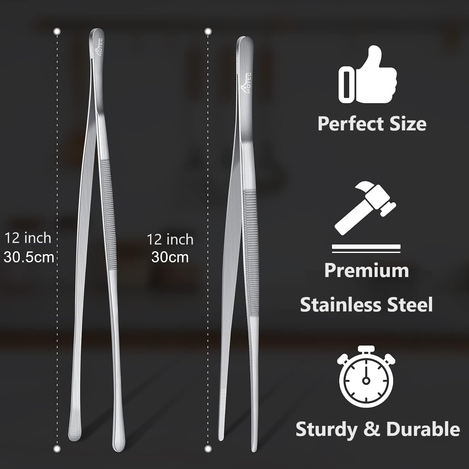 Hotec Barbecue-tang roestvrij staal, lang, 30 cm, keukenpincet, kookpincet, roestvrij staal, geschikt als professionele tang voor koken grillen en bakken, set van 2