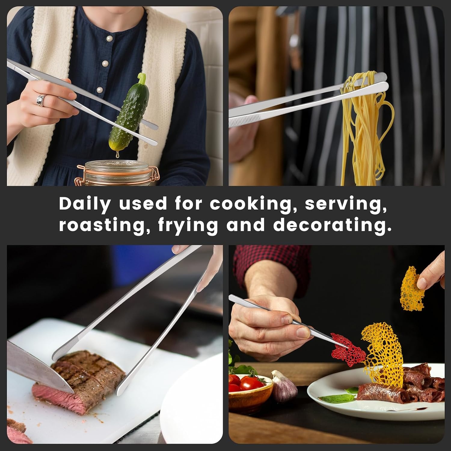 Hotec Barbecue-tang roestvrij staal, lang, 30 cm, keukenpincet, kookpincet, roestvrij staal, geschikt als professionele tang voor koken grillen en bakken, set van 2