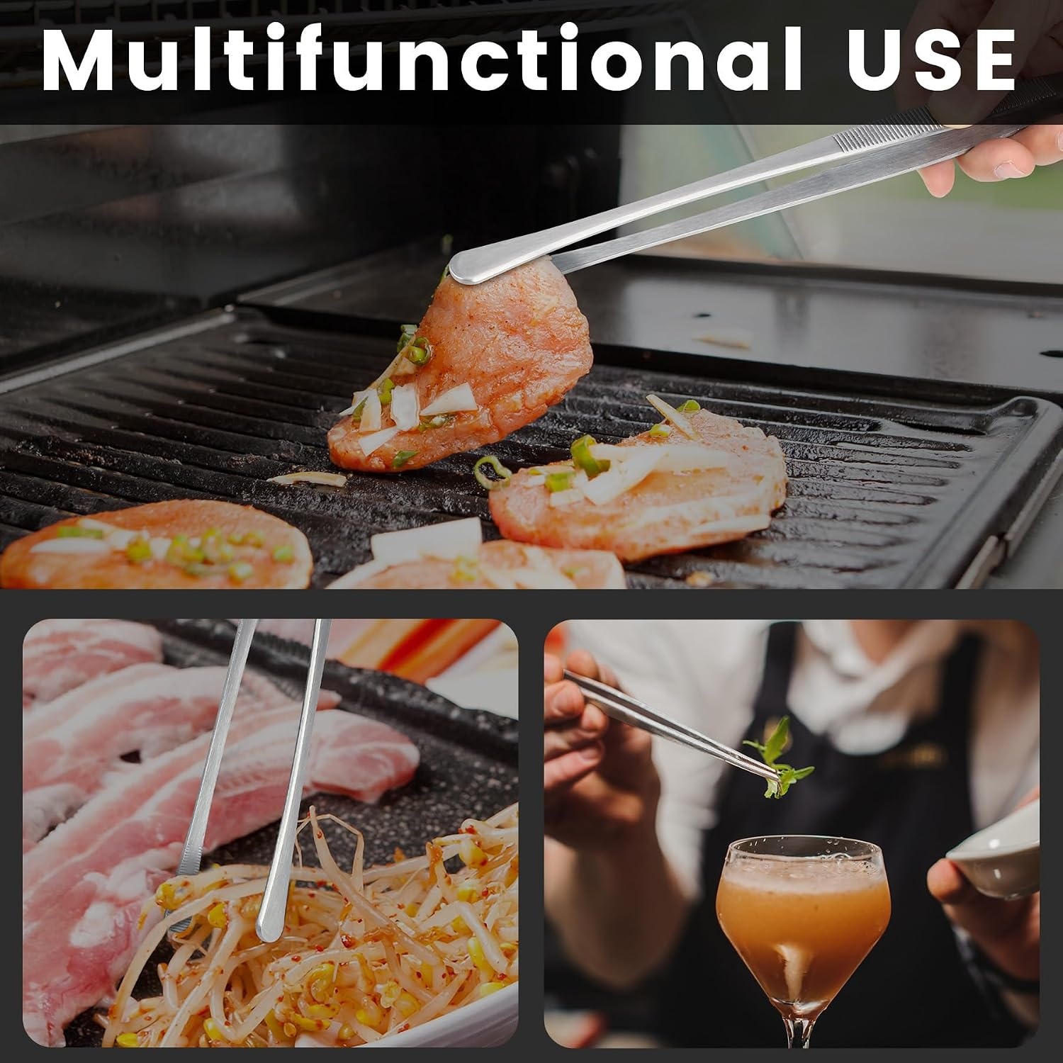 Hotec Barbecue-tang roestvrij staal, lang, 30 cm, keukenpincet, kookpincet, roestvrij staal, geschikt als professionele tang voor koken grillen en bakken, set van 2