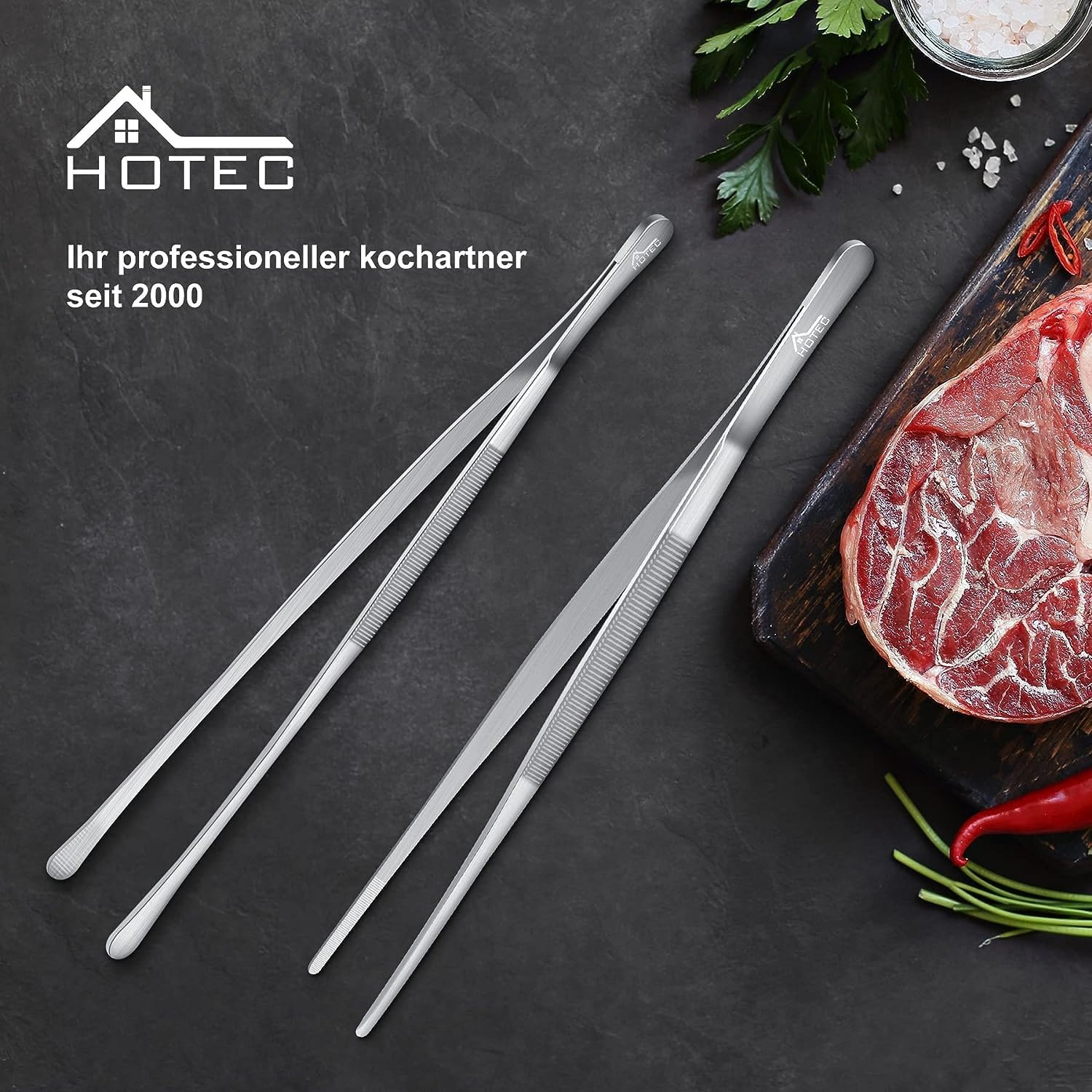 Hotec Barbecue-tang roestvrij staal, lang, 30 cm, keukenpincet, kookpincet, roestvrij staal, geschikt als professionele tang voor koken grillen en bakken, set van 2